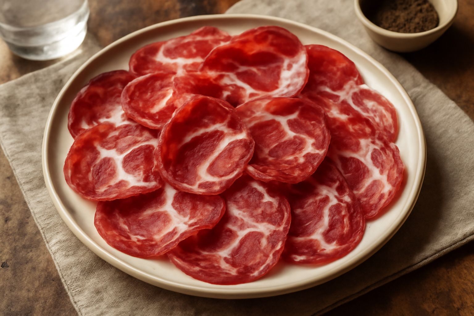 Fette sottili di Coppa di Parma di colore rosso scuro disposte a ventaglio su un piatto bianco, con marmorizzazione di grasso visibile, accompagnate da pane tostato e melone