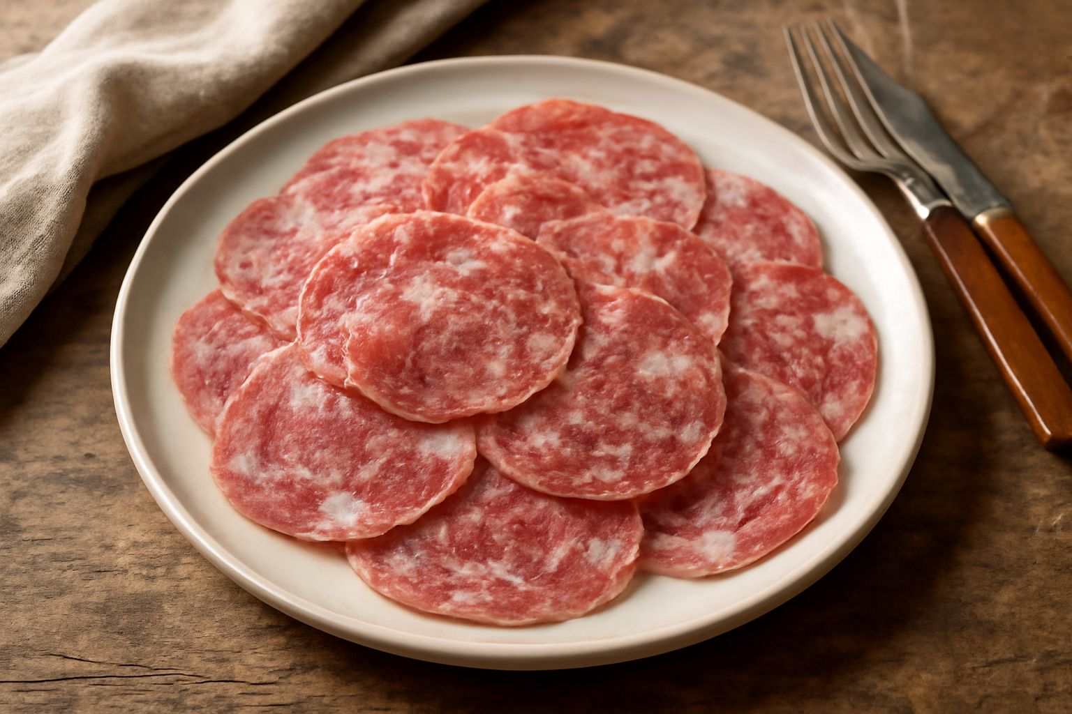 Coppa di testa affettata in fette sottili di colore rosato con sfumature speziate, disposte a ventaglio su un piatto bianco con contorno di verdure fresche