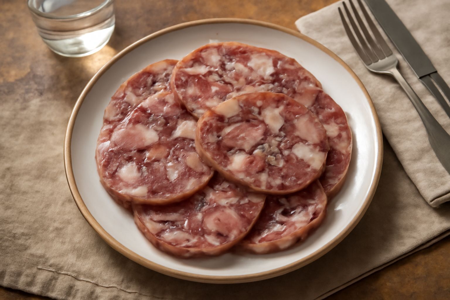 Fette di coppa di testa su un tagliere di legno, con gelatina trasparente intorno alla carne rosa, accanto a pane tostato e un coltello da cucina