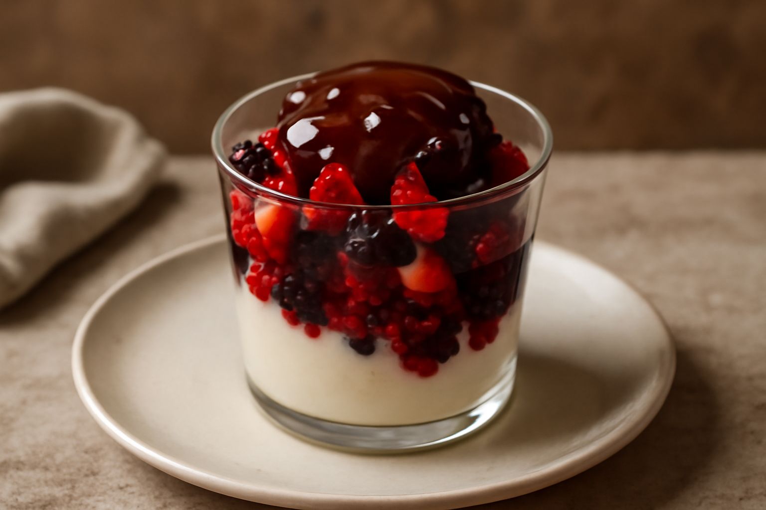 Coppa fredda in bicchiere trasparente con strati di gelato vaniglia bianco, frutti di bosco rossi, salsa di cioccolato marrone scuro, panna montata bianca in cima, cucchiaio di metallo sul lato