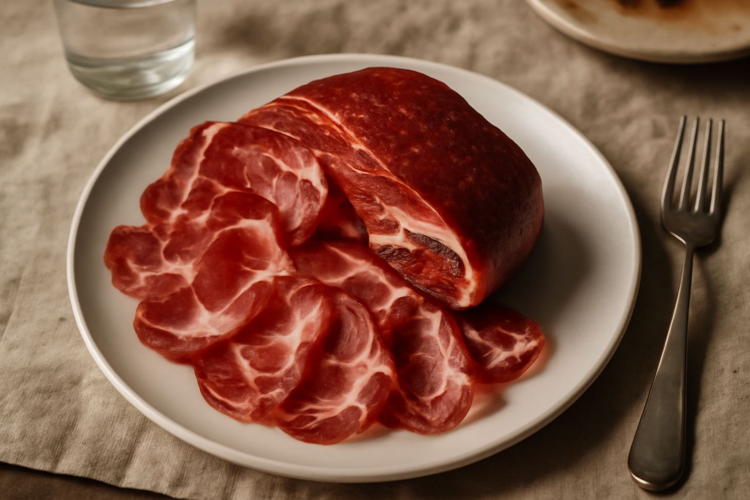 Fette sottili di coppa friulana color rosso scuro con bianco marmorizzato, disposte in cerchio su piatto bianco, sfondo grigio neutro