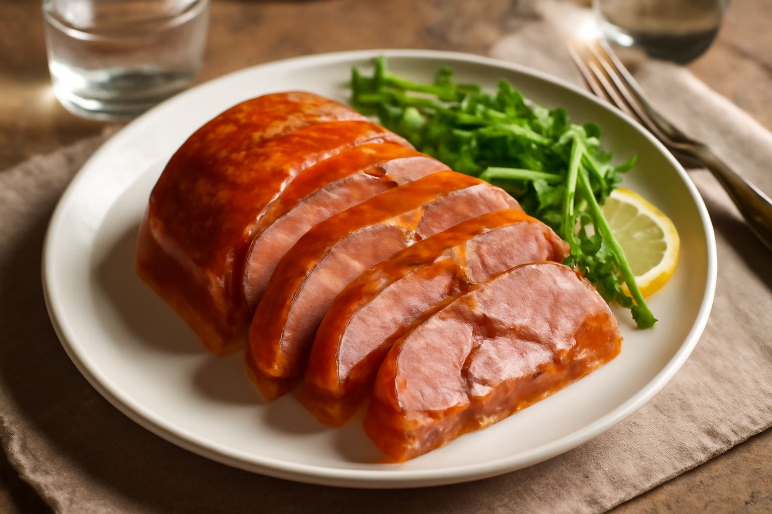 Fettine di coppa in gelatina trasparente su piatto bianco, con gelatina d'ambra che racchiude la carne rosa, guarnita con verdure trifolate e prezzemolo fresco