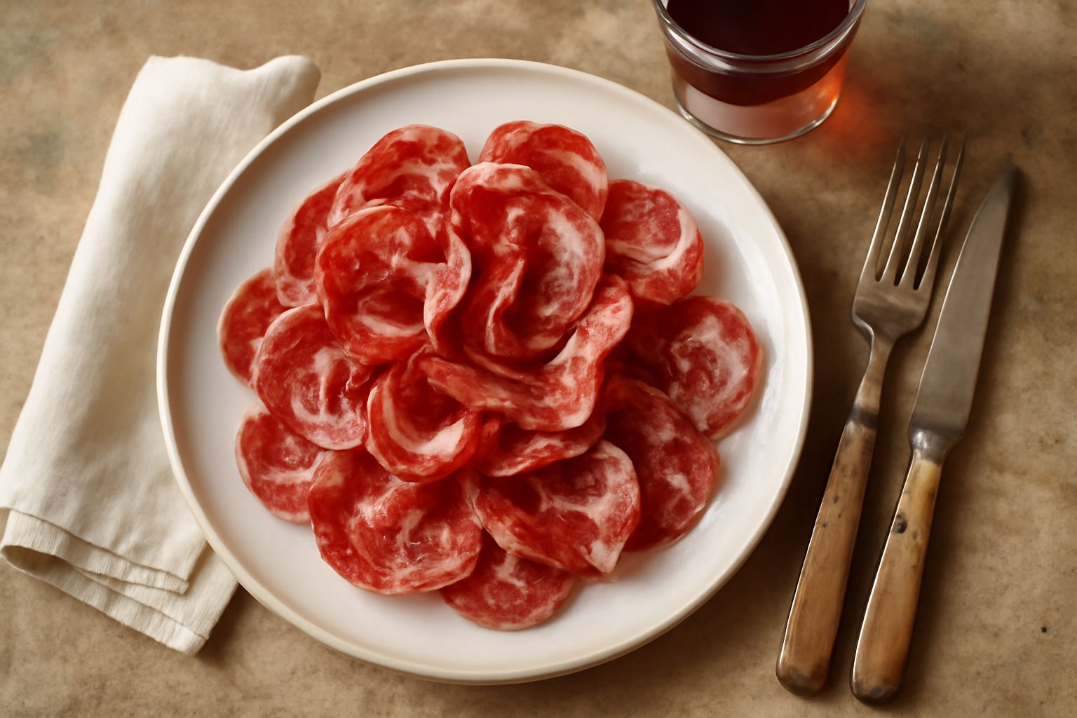 Fette di coppa piacentina color rosa con striature bianche di grasso, disposte a ventaglio su un tagliere di legno, accanto a pane toscano e un bicchiere di vino rosso