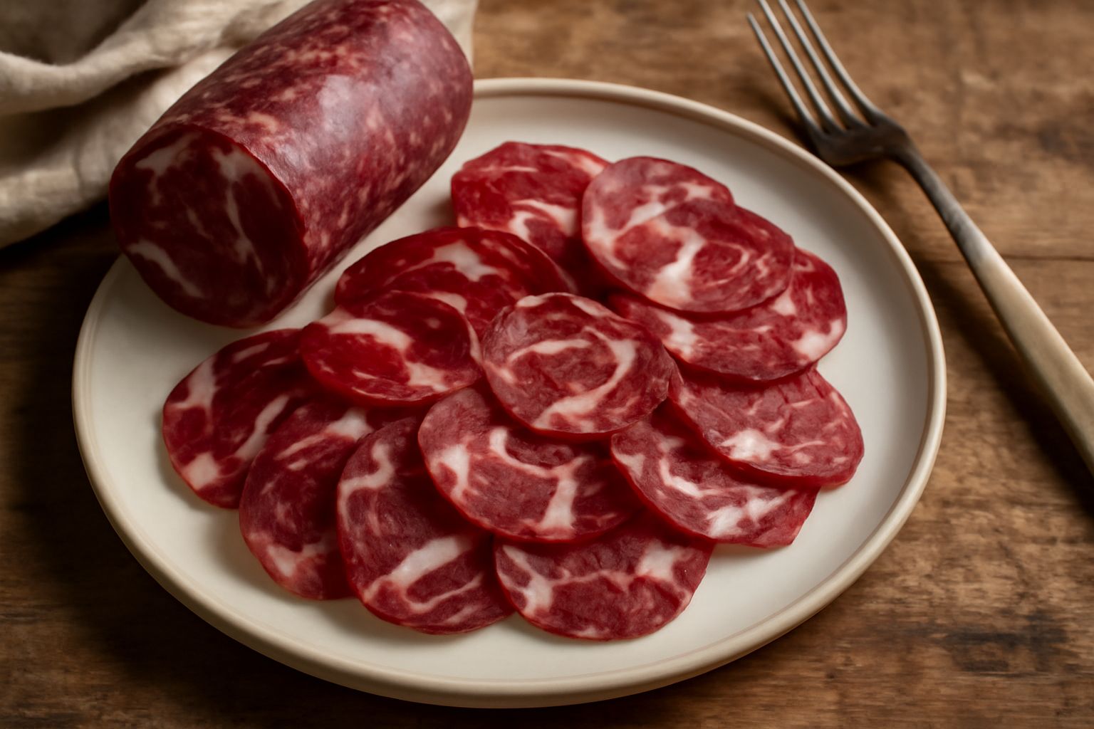 Fette di coppa piemontese di colore rosso scuro con venature di grasso bianco, affettate e disposte a ventaglio su un piatto bianco con pepe nero e rosmarino fresco.