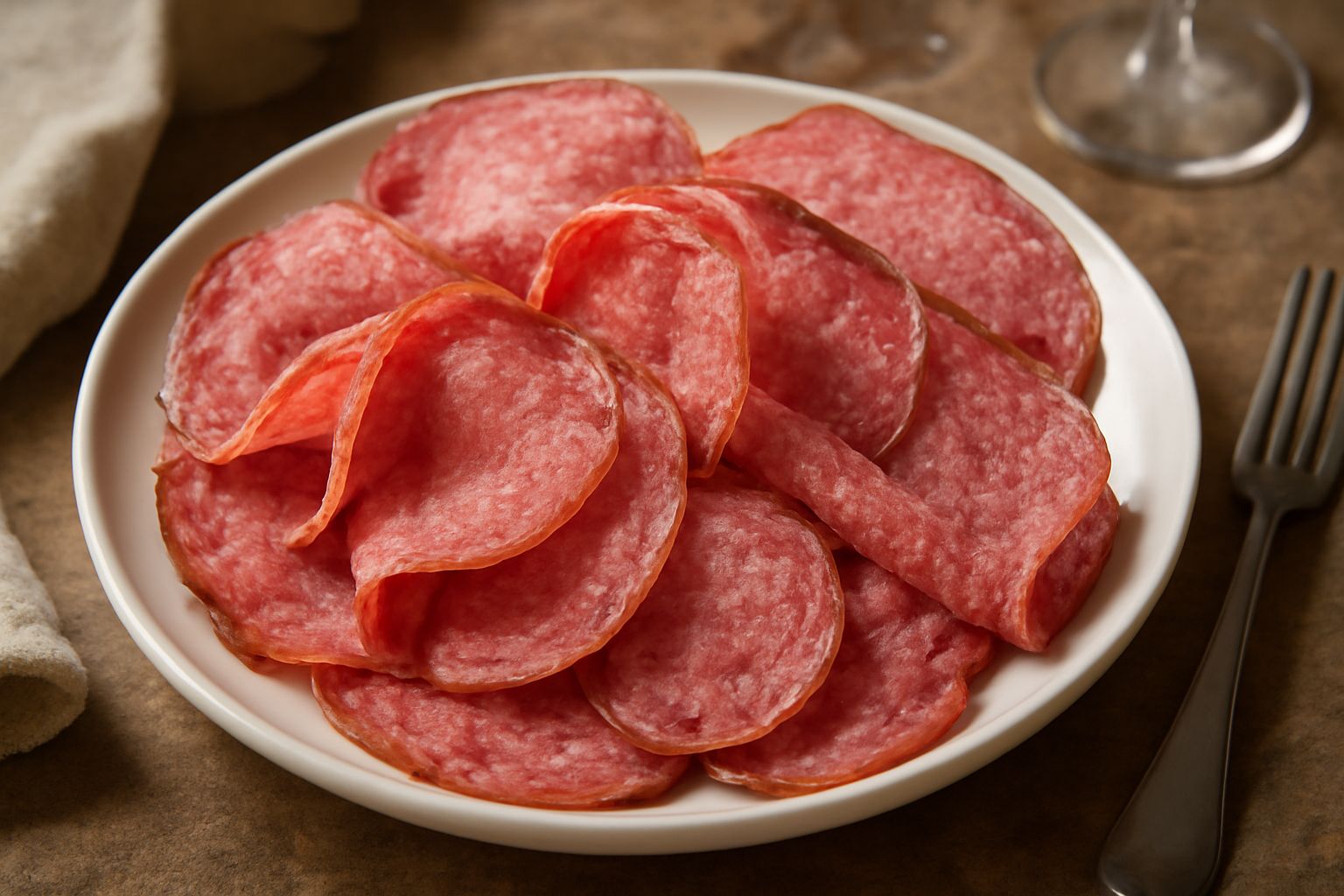 Fette di coppa piemontese su un tagliere di legno, rosa acceso all'interno con grani di pepe e spezie visibili, contorno di prezzemolo fresco