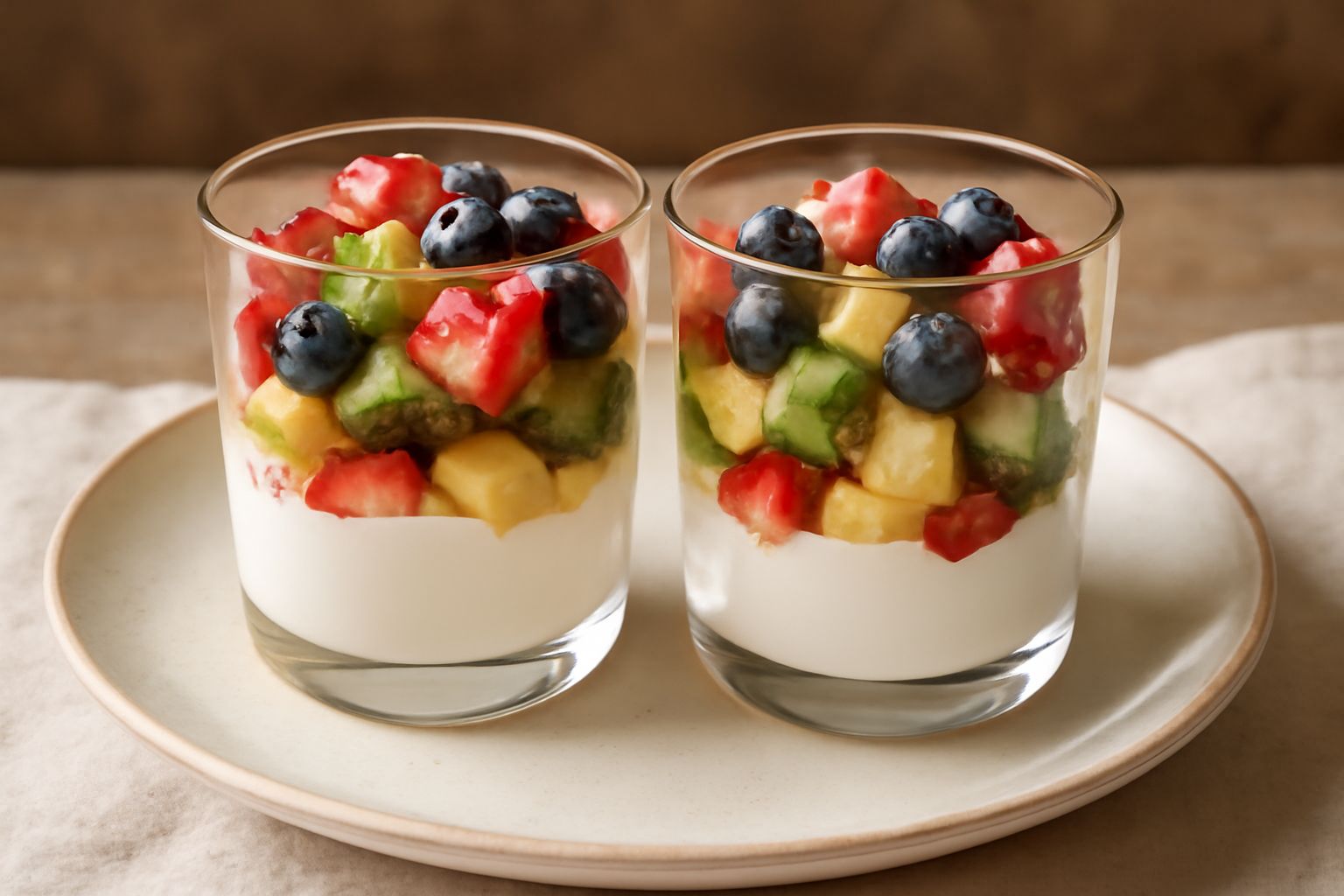Due bicchieri trasparenti con coppette di frutta: mirtilli blu, fragole rosse, kiwi verde e ananas giallo su uno strato di yogurt bianco, decorati con un filo di miele e una foglia di menta