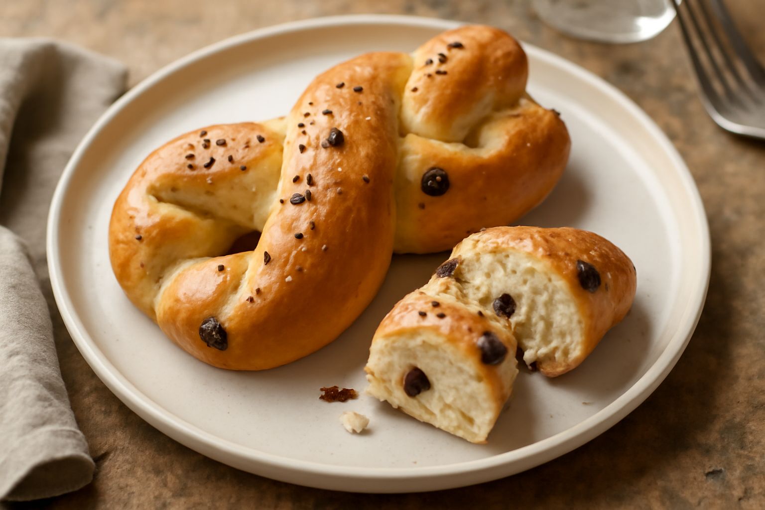 Coppia ferrarese tagliata a metà, dorata in superficie con semi visibili, su tavolo di legno. Forma intrecciata caratteristica, mollica morbida dentro, crosta croccante. Una tazza di caffè accanto.
