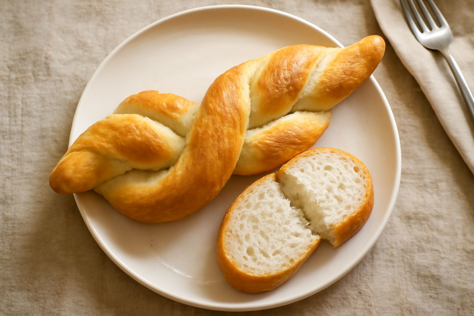 Due coppie modenesi dorate e croccanti poste su un panno di lino bianco, con una forma caratteristica a due sfoglie intrecciate, tagliate a metà per mostrare la mollica leggera e alveolata all'interno