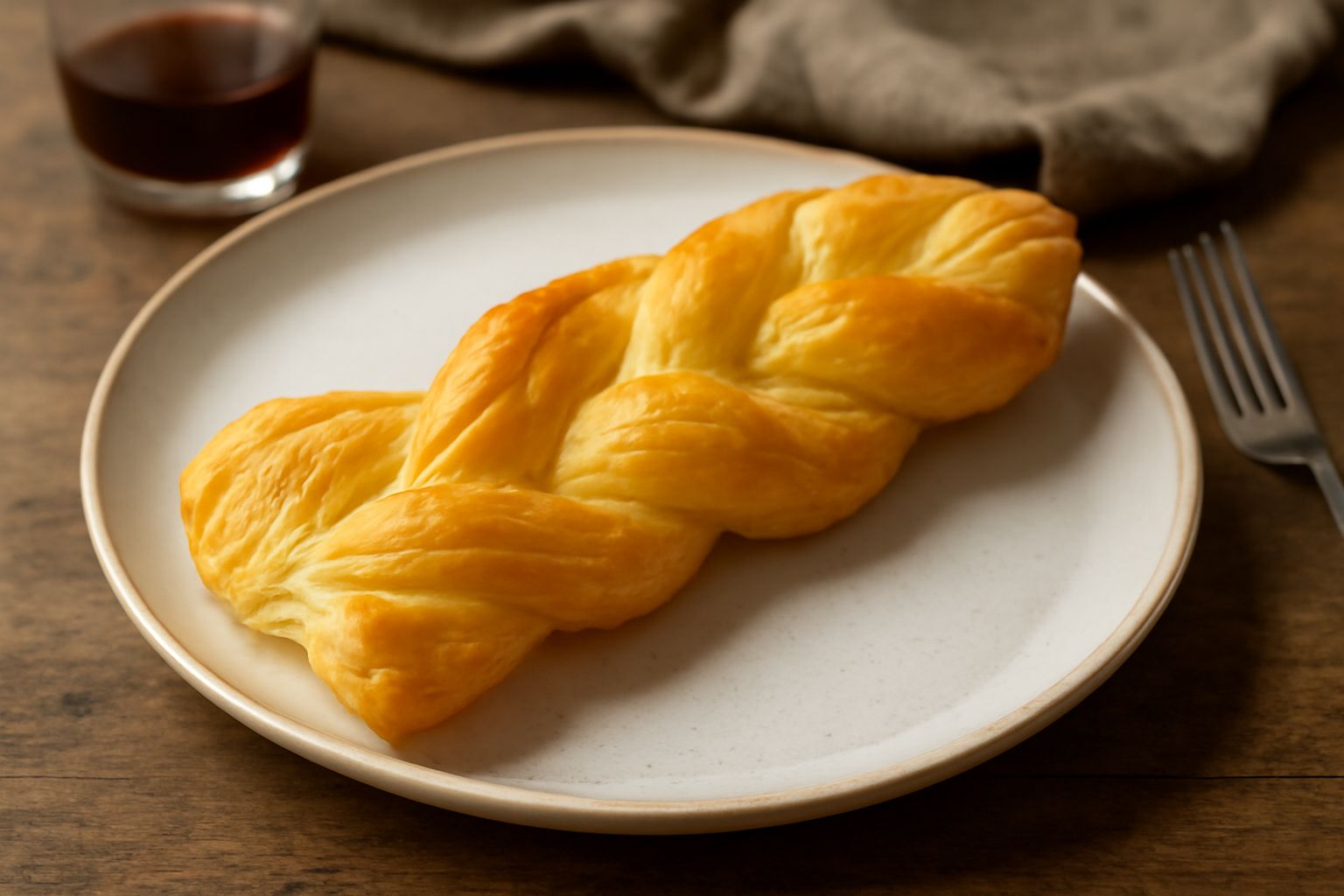 Coppia piacentina dorata e croccante su un piatto bianco, con forma intrecciata ben definita, sfoglia trasparente che sfoglia leggermente sui bordi, accompagnata da un bicchiere di latte