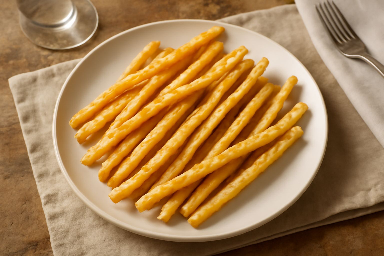 Coppiette di magro dorate e croccanti, allungate e sottili, disposte in verticale in un cesto di pane con sfondo di farina e grano