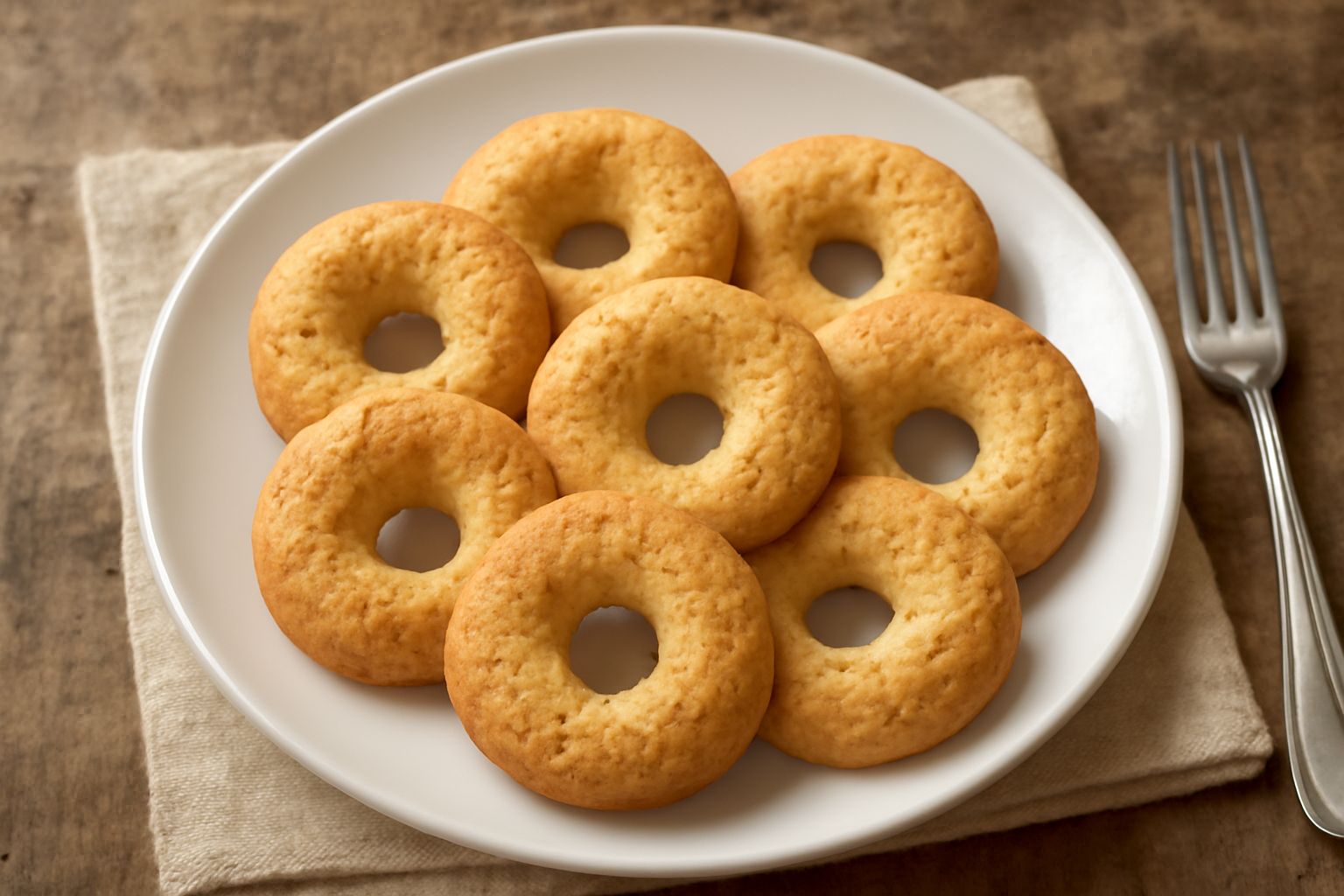 Biscotti sardi copuleddas color oro scuro disposti su piatto di ceramica bianca, con profilo tondeggiante, superficie leggermente ruvida e screpolata da cottura, sfondo di lino grigio