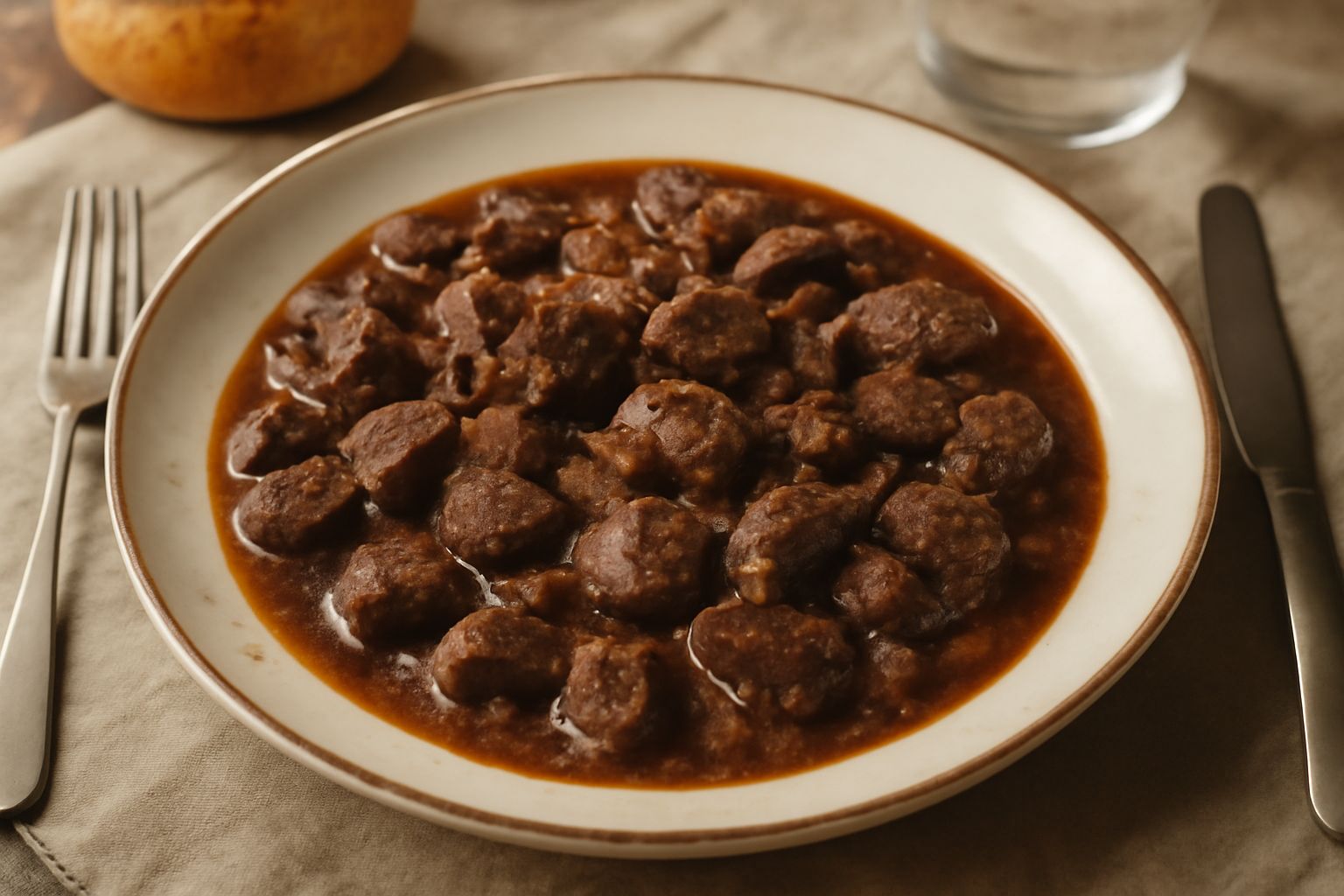 Corata di agnello in umido in una pentola di terracotta, colore marrone scuro con salsa ricca, pezzi di verdure, cipolla e prezzemolo fresco sparso in superficie, vapore leggero