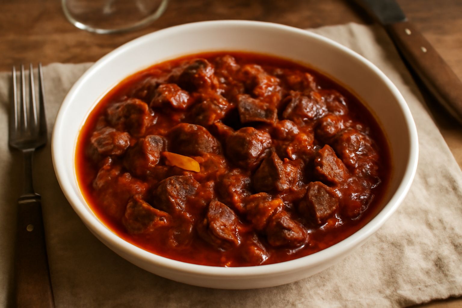 Coratella d'abbacchio in umido in un piatto bianco: frattaglie rosso scuro in salsa marrone con pomodoro, cipolle dorate e prezzemolo verde, accompagnata da pane tostato
