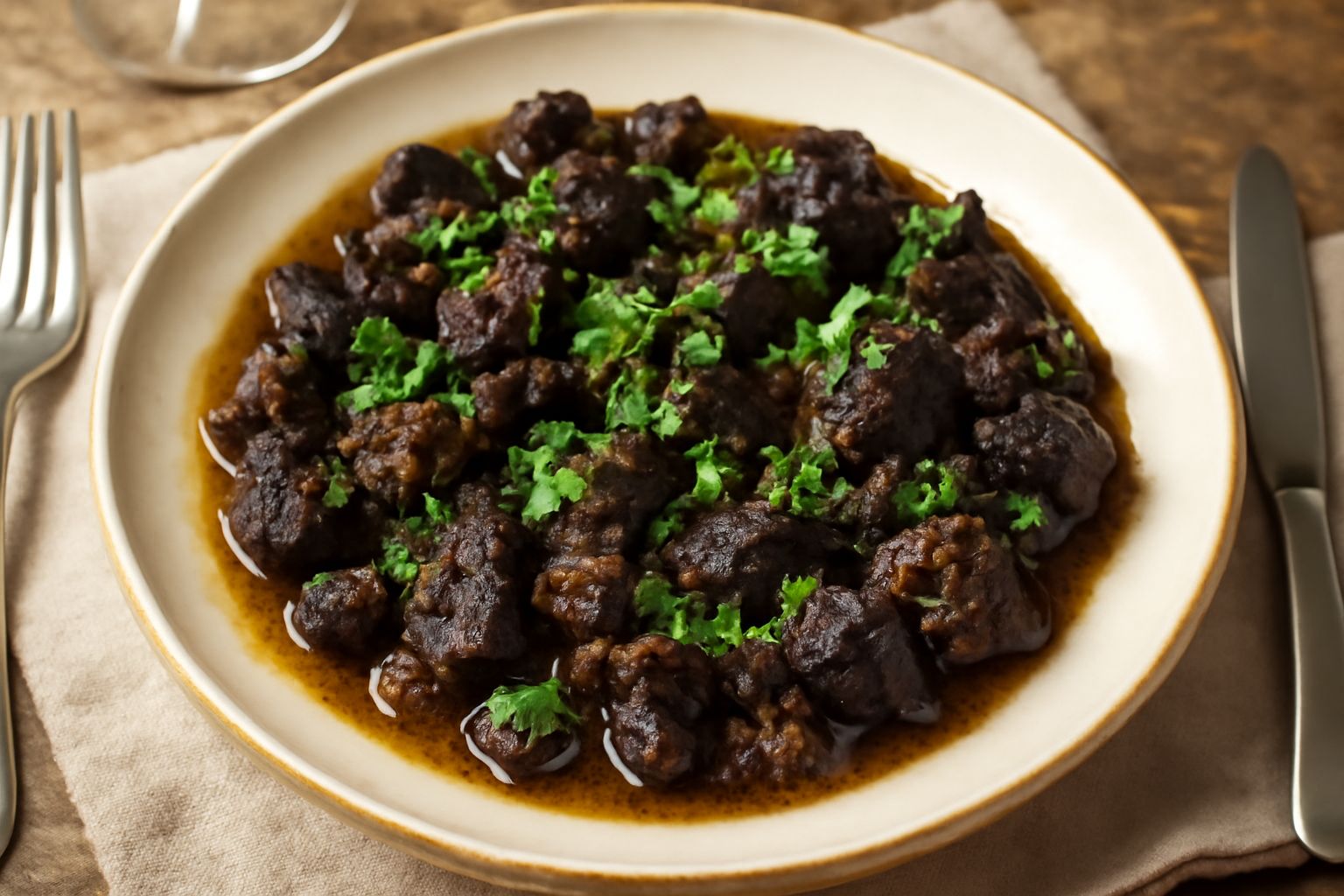 Coratella di capra cotta in padella di ferro, pezzi scuri dorati, soffritto di cipolla e aglio sottofondo, vino bianco e brodo fumante, prezzemolo fresco versato sopra, pane tostato ai lati del piatto