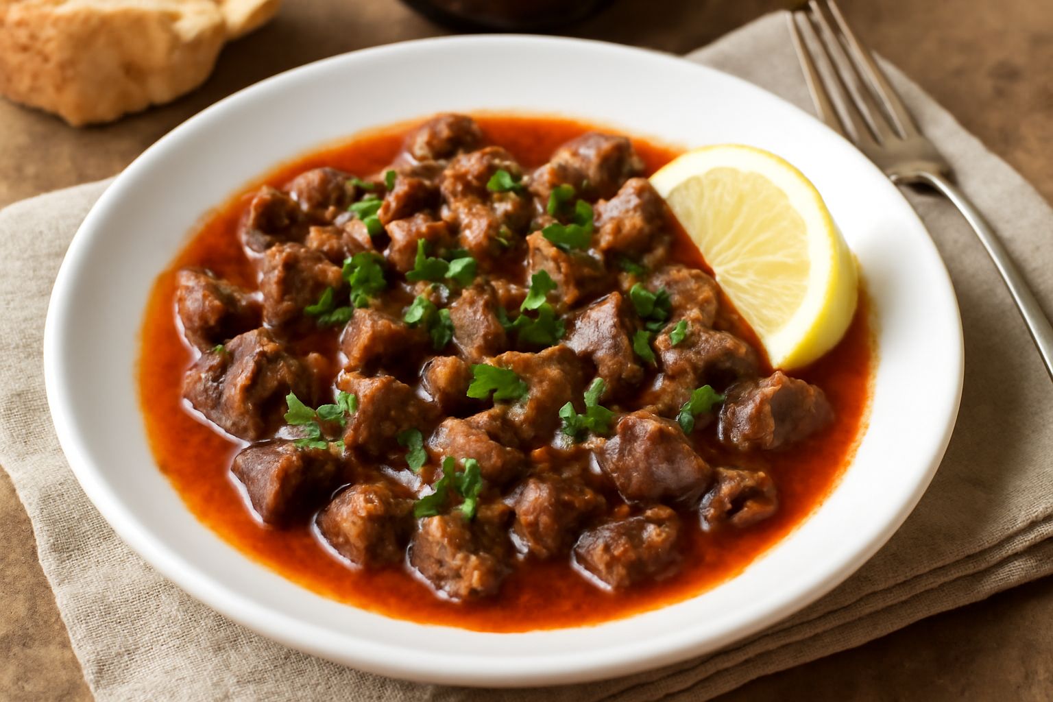 Coratella di capretto in un piatto bianco, pezzi di fegato e frattaglie rosso scuro in sugo, guarnita con prezzemolo fresco verde e fette di limone giallo limone intorno