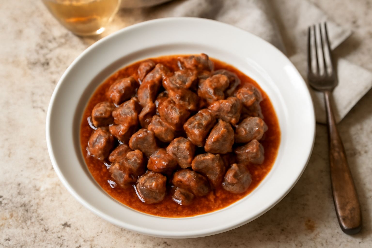 Coratella cotta in padella, frattaglie grigie e rosa scuro saltate con pomodori rossi in salsa, cipolla dorata, prezzemolo verde fresco, servita in piatto bianco ceramica