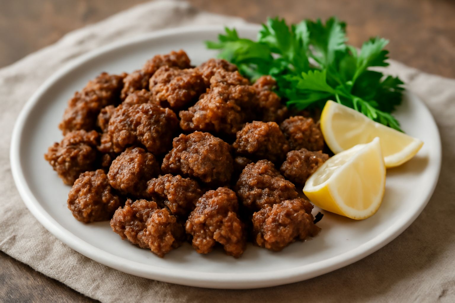 Coratella fritta dorata disposta nel piatto bianco, circondata da limone fresco tagliato a spicchi e prezzemolo verde, con patate fritte come contorno