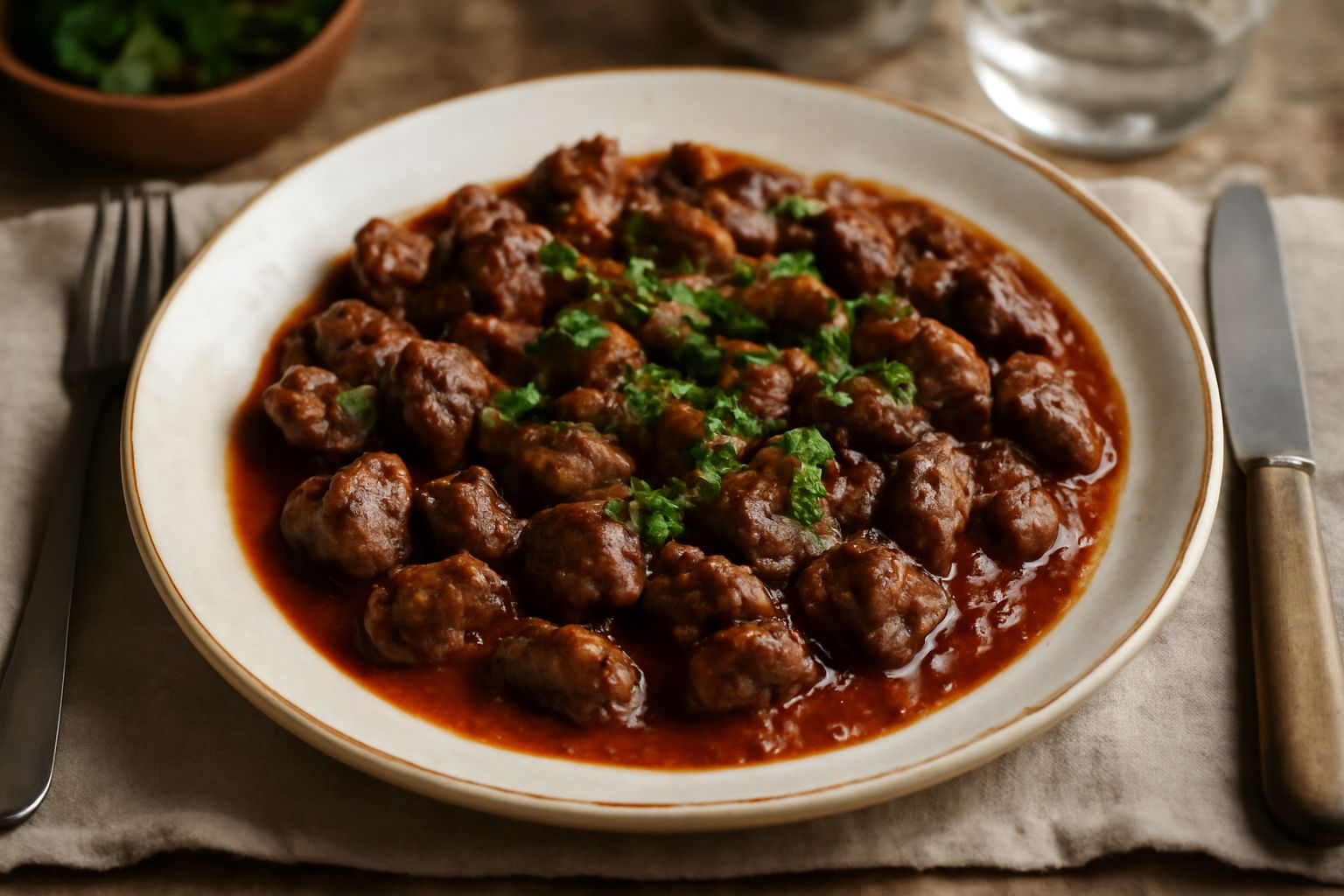 Coratelle dorate in umido in pentola di terracotta con sugo rosso, pezzi di polmone e cuore visibili, accompagnate da prezzemolo fresco e aglio spezzato