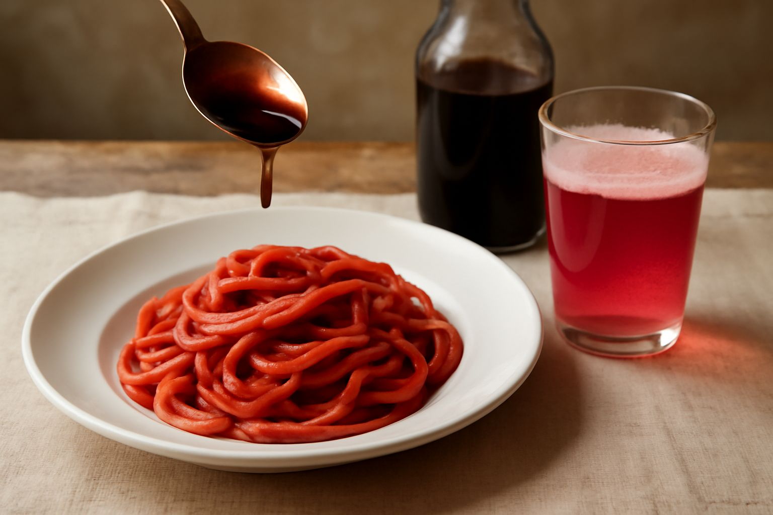 Bicchiere di vetro trasparente con cordiale di ciliegia rosso intenso diluito in acqua, ghiaccio e una fogliolina di menta verde fresca, sfondo bianco