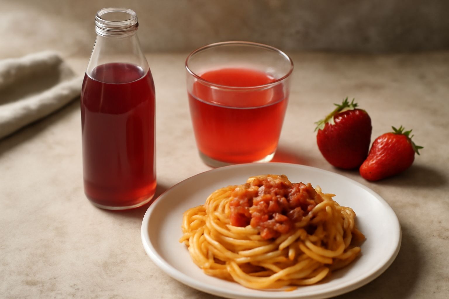 Cordiale di fragola color rosso rubino in una bottiglia di vetro trasparente, circondato da fragole fresche rosse e una fetta di limone giallo su un tavolo bianco