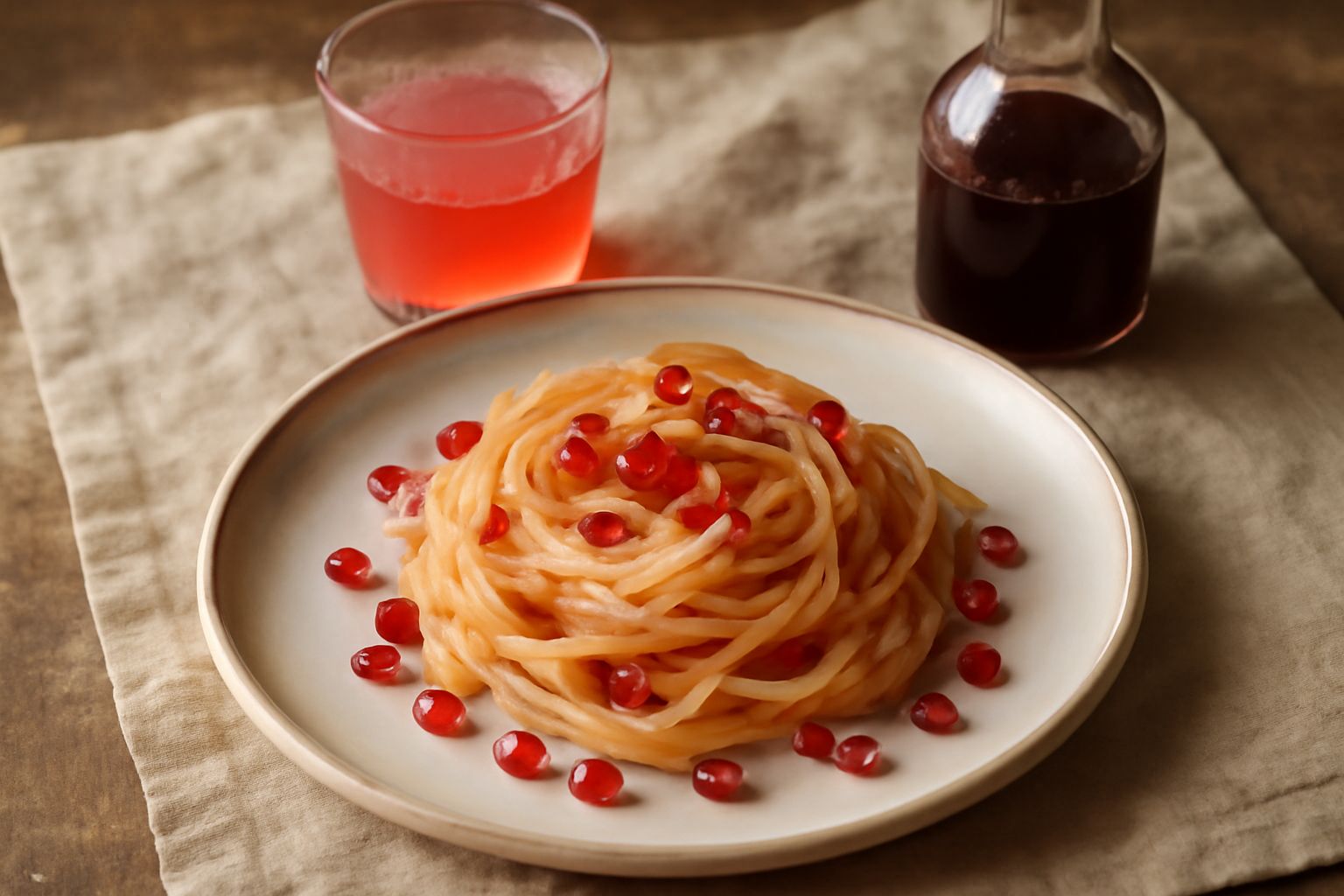 Bicchiere trasparente con cordiale di melograna di colore rosso intenso diluito in acqua frizzante, guarnito con un chicco di melograna e una fetta di limone sottile su fondo di legno naturale