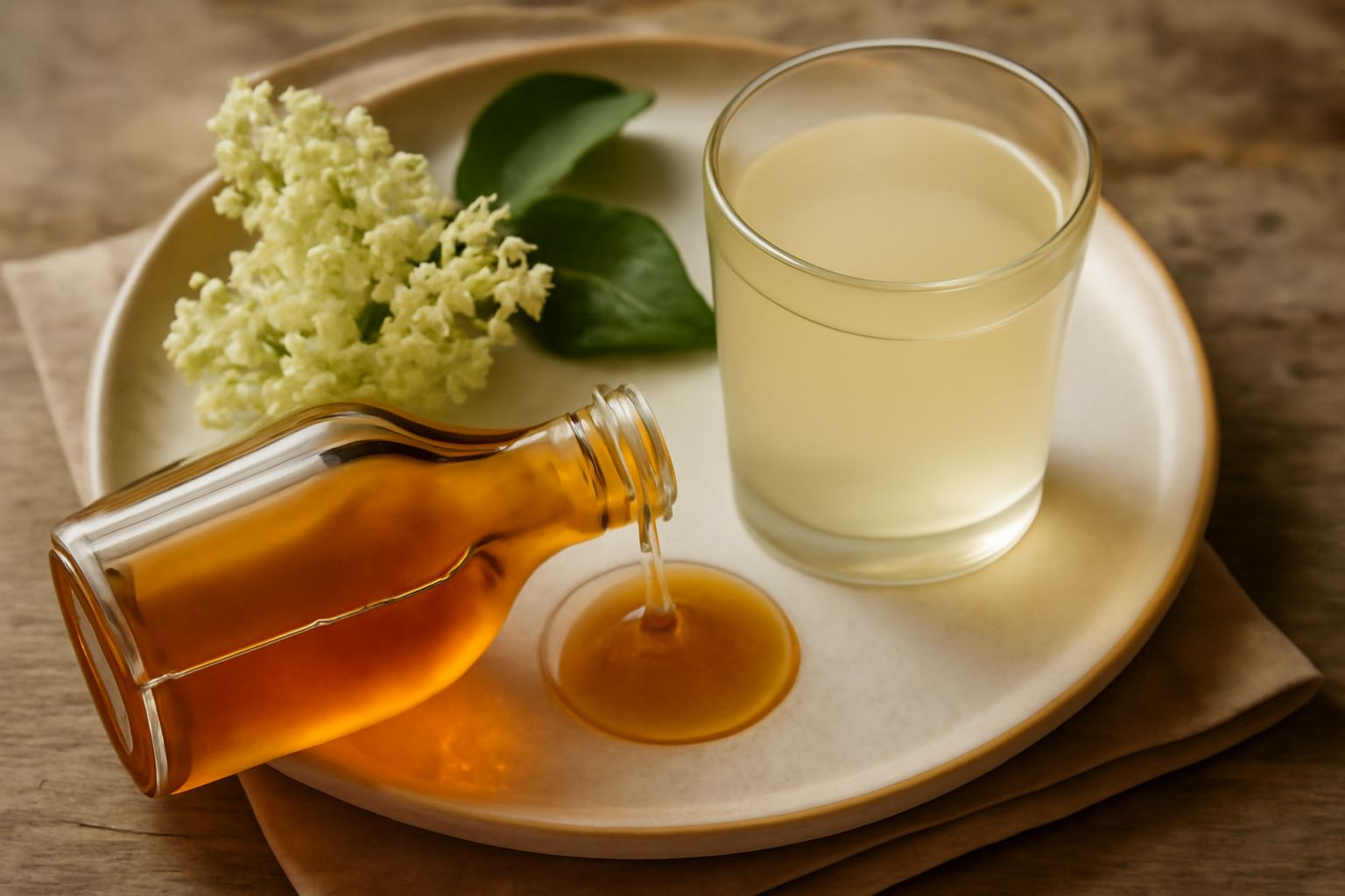 Un bicchiere di vetro trasparente con cordiale di sambuco color ambrato chiaro, diluito in acqua frizzante con cubetti di ghiaccio e una fogliolina di menta fresca, servito su un tavolo bianco con un 