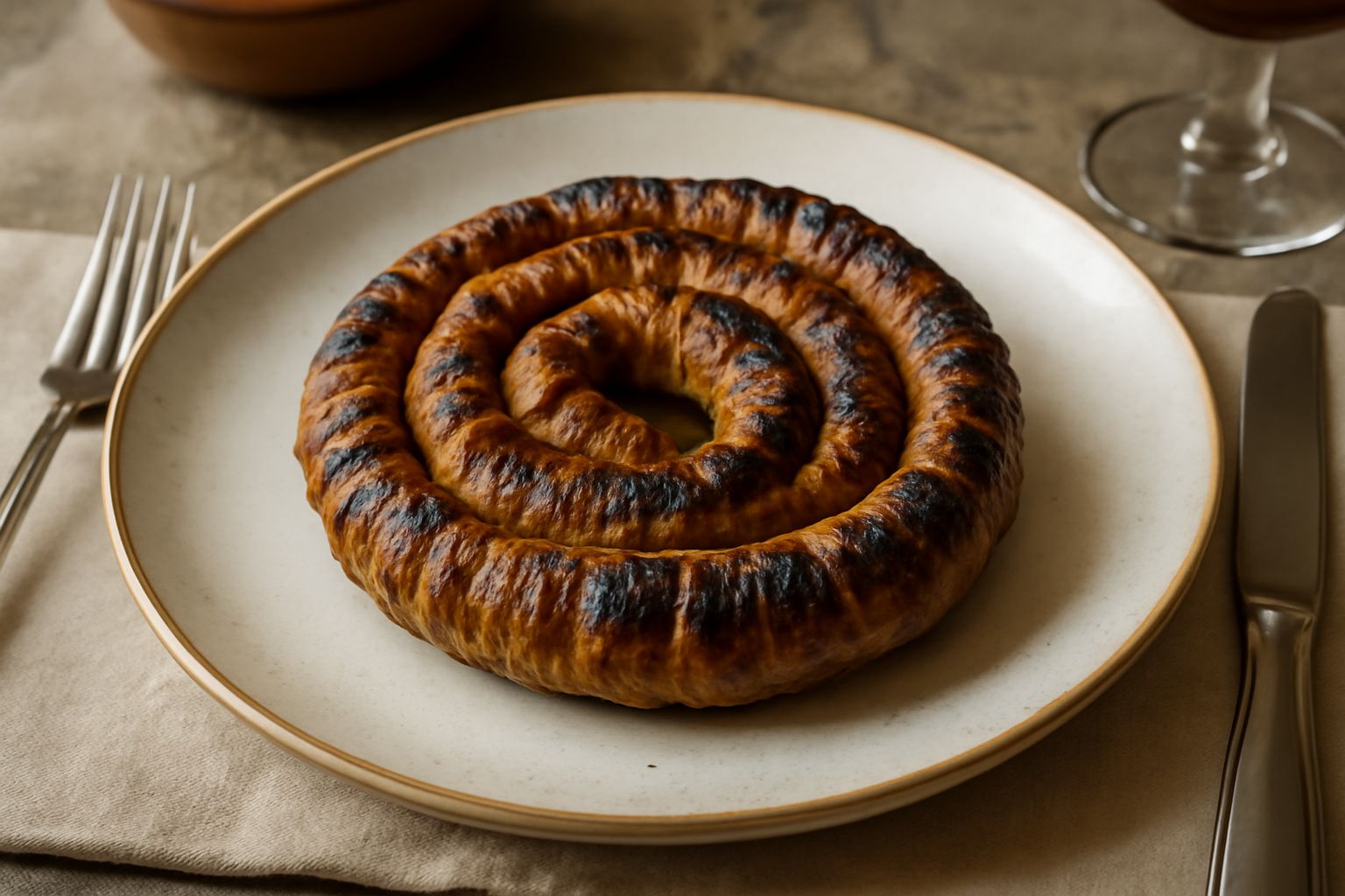 Cordula grigliata su un piatto bianco, arrotolata su se stessa, dorata e croccante all'esterno, con un contorno di limone fresco tagliato e pepe nero, servita ancora calda