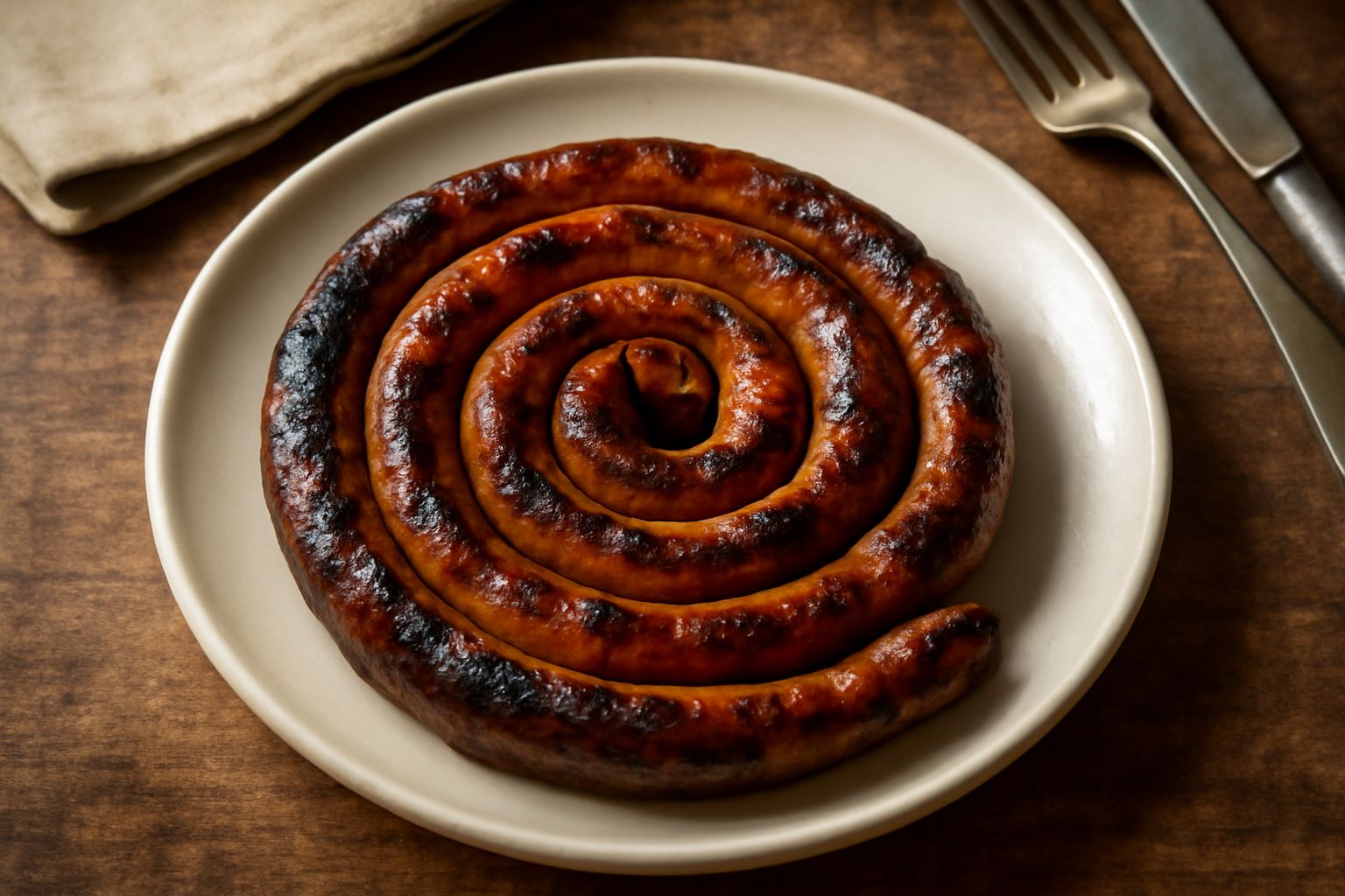 Cordula arrustu dorata e croccante, avvolta in forma di spirale su un piatto di terracotta, con tracce di braci e fumo, contorno di limone fresco tagliato
