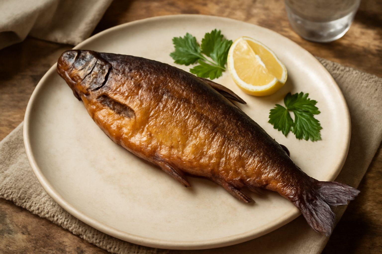 Filetto di coregone affumicato su piatto bianco, con colore dorato-marrone dal fumo, contornato da limone fresco a spicchi, erba cipollina e olio d'oliva
