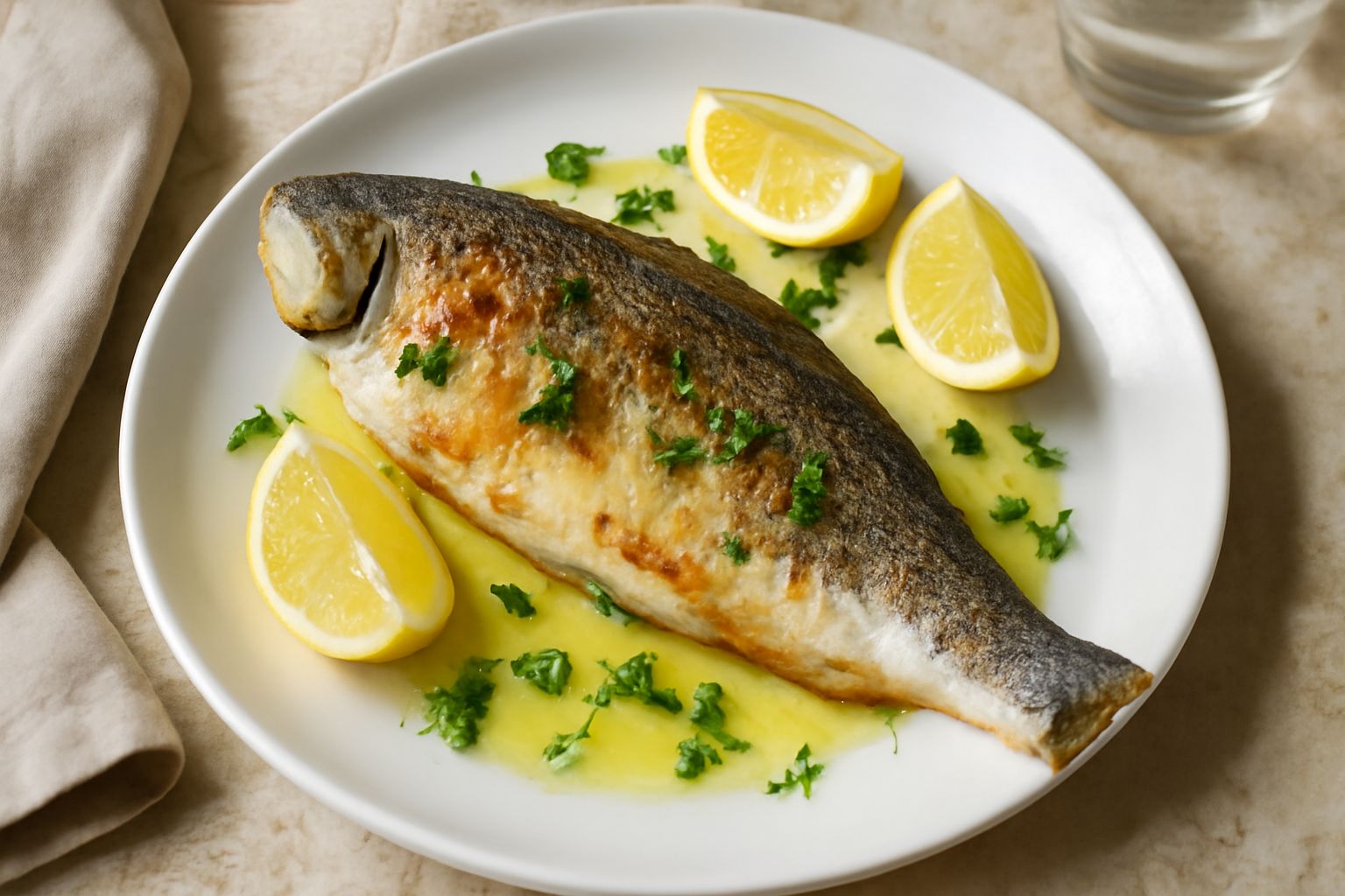 Coregone intero dorato e profumato appena sfornato, condito con olio extravergine, limone fresco tagliato a spicchi, erbe aromatiche e accompagnato da un contorno di verdure leggere grigliate.