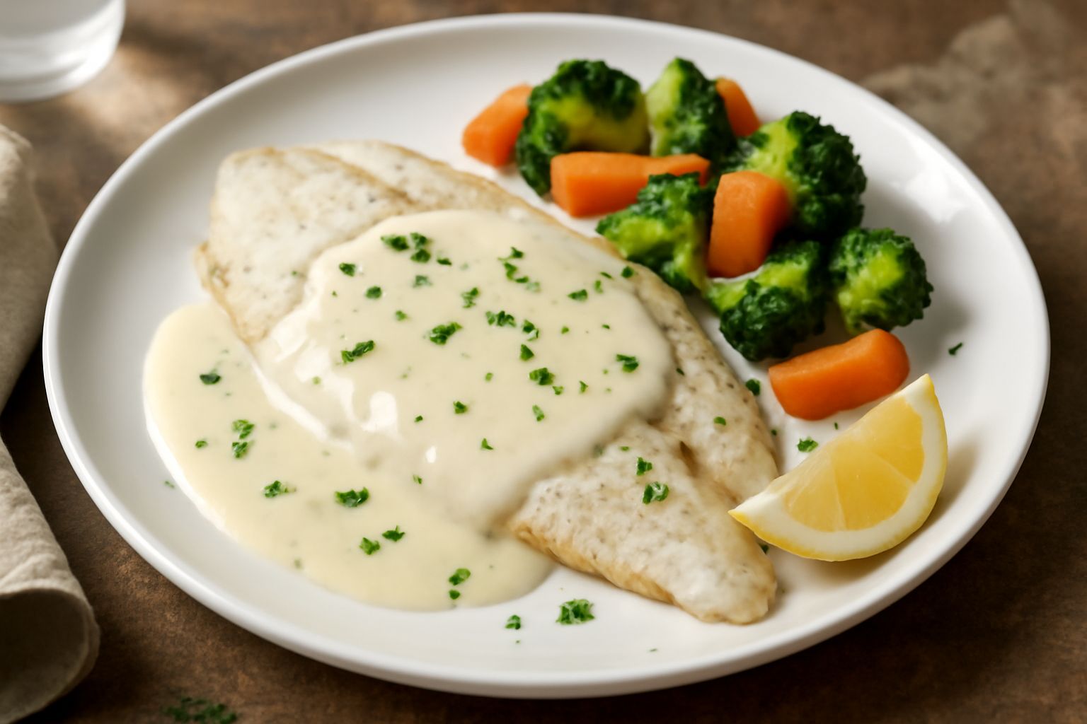Filetto di coregone bianco servito in piatto bianco con salsa di panna cremosa, decorato con prezzemolo fresco e una fetta di limone, contorno di verdure cotte al vapore