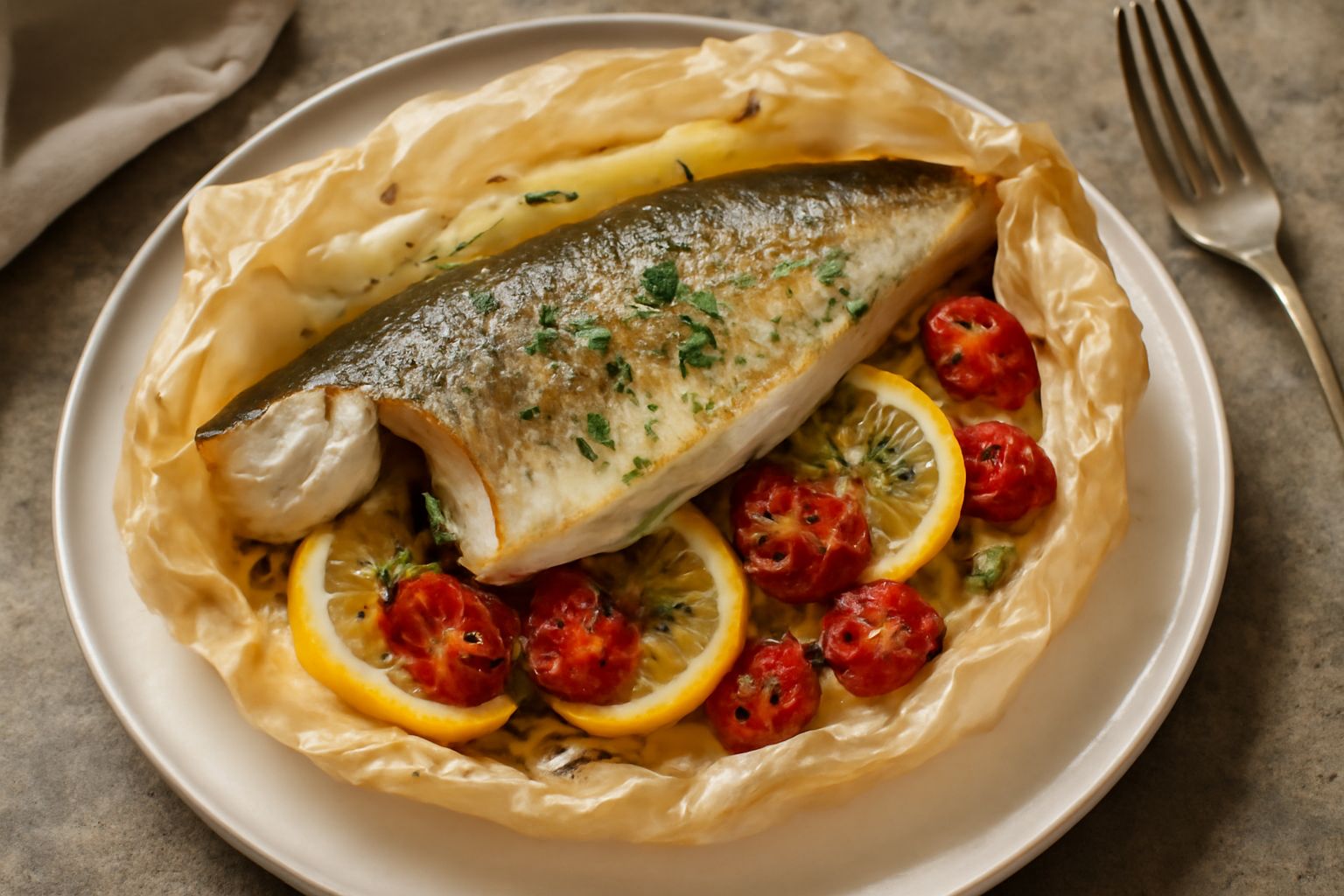 Cartoccio di carta pergamena piegato e legato con spago naturale, aperto e contenente un coregone intero cotto con limone affettato, erba cipollina e pomodorini, vapore ancora visibile sopra il pesce