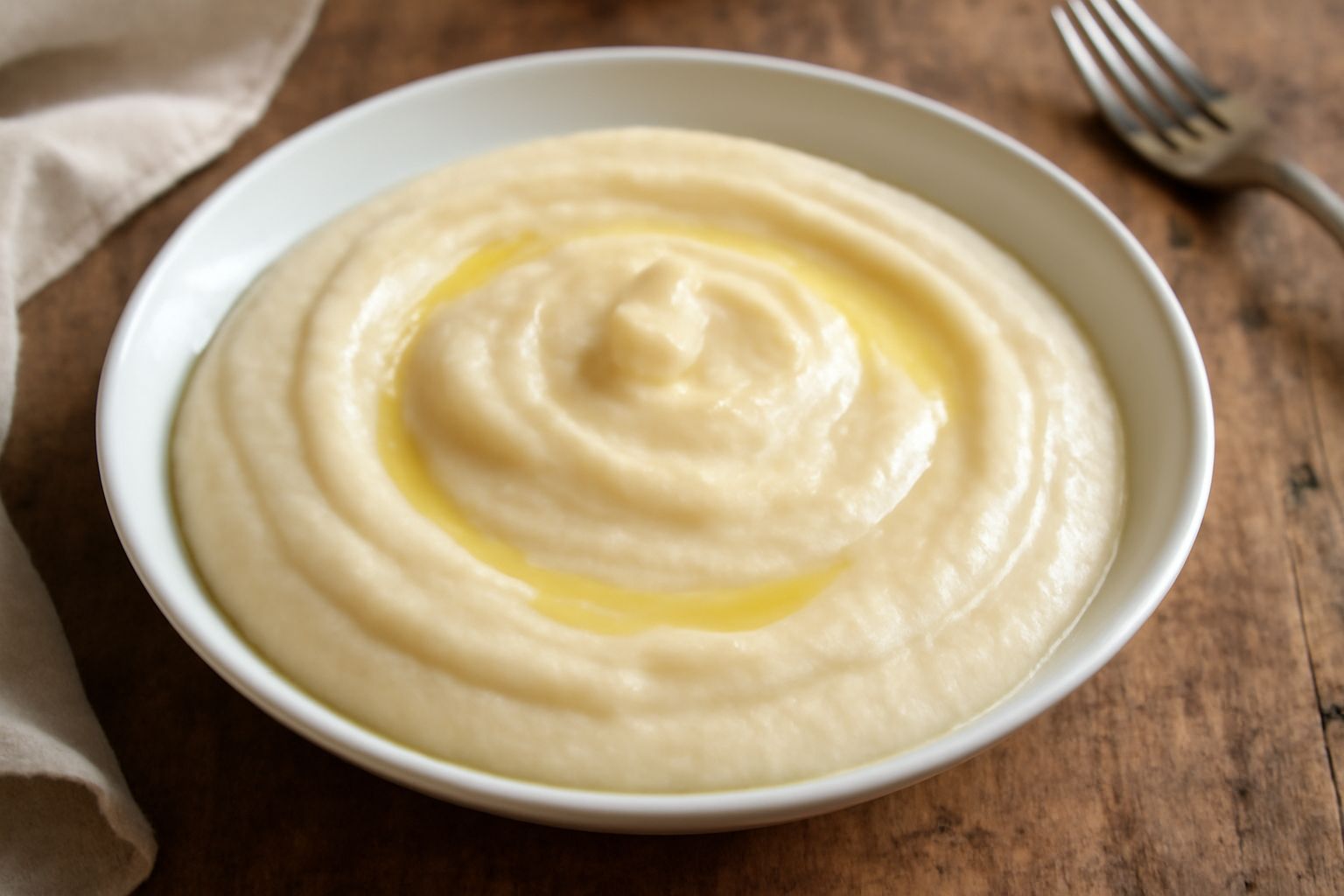 Ciotola di cori bianco cucinato, cremoso e bianco avorio, condito con olio d'oliva e prezzemolo fresco, servito in piatto bianco con contorno di pane tostato