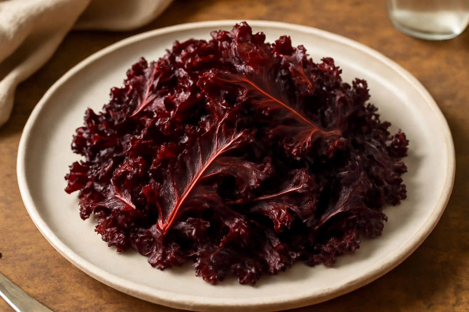 Cori rosso riccio servito in un piatto bianco, foglie rosso scuro ondulate e croccanti, condito con olio e aglio, con limone affettato di lato