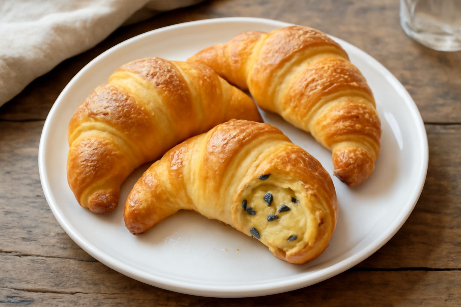 Tre cornetti calabresi appena sfornati, dorati e croccanti, disposti su un piatto bianco con tracce di zucchero a velo. Uno è spezzato a metà mostrando la crema e il cioccolato all'interno