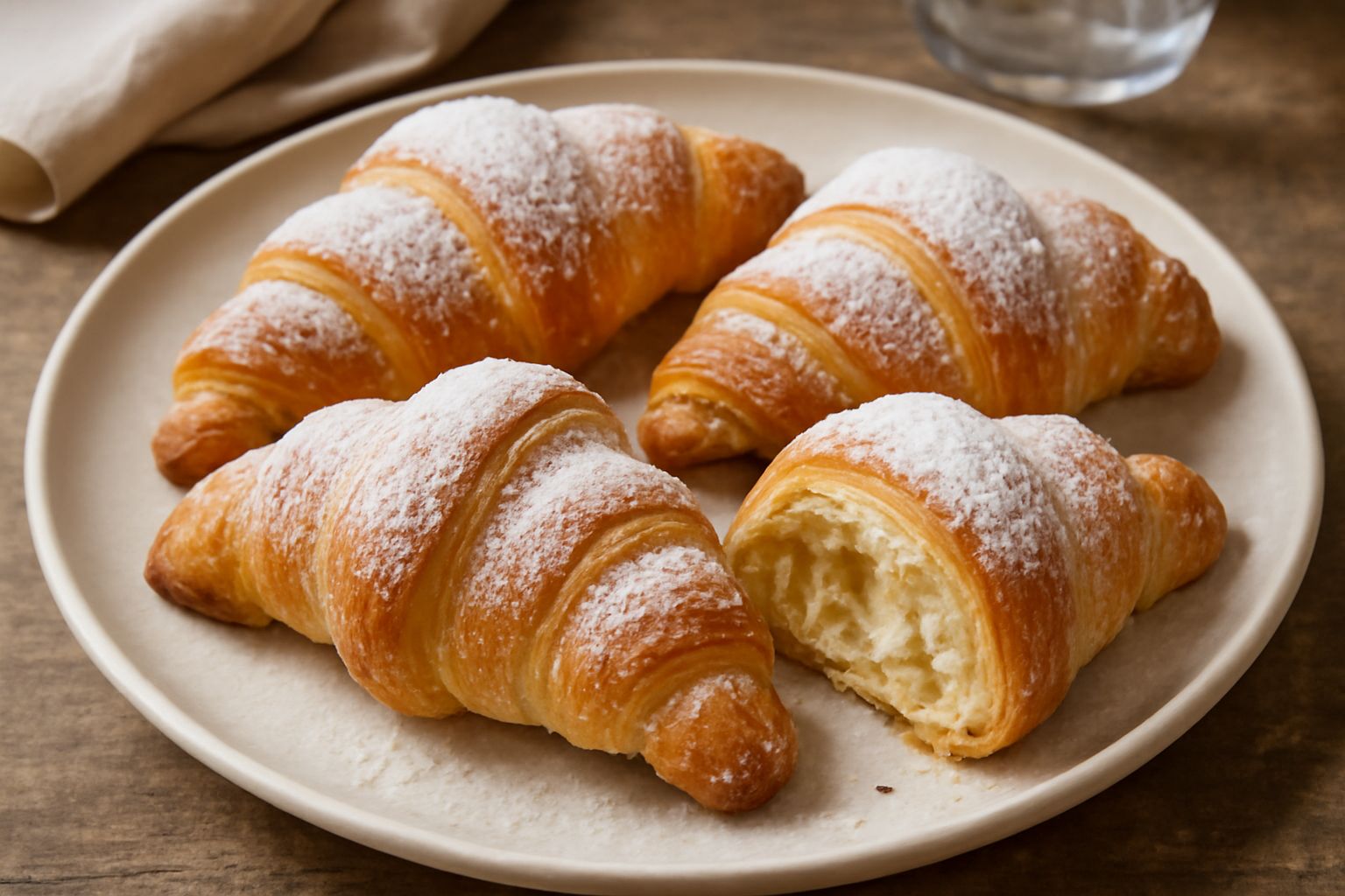 Tre cornetti dolci appena sfornati con pasta sfoglia dorata croccante, polvere di zucchero a velo sulla superficie, su un piatto bianco con un caffè accanto