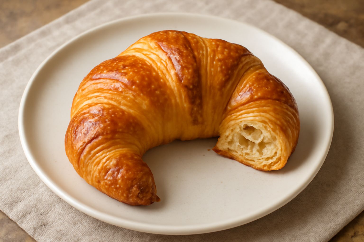 Cornetti dorati e croccanti appena sfornati, con superficie sfogliata visibile, disposti su un piatto bianco con polvere di zucchero leggera sugli angoli superiori