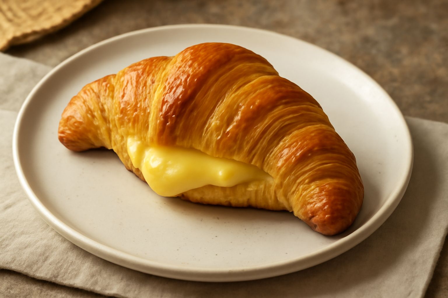 Cornetto bresciano dorato e croccante tagliato a metà su piatto bianco, ripieno di crema pasticcera color giallo chiaro, spolverato di zucchero a velo