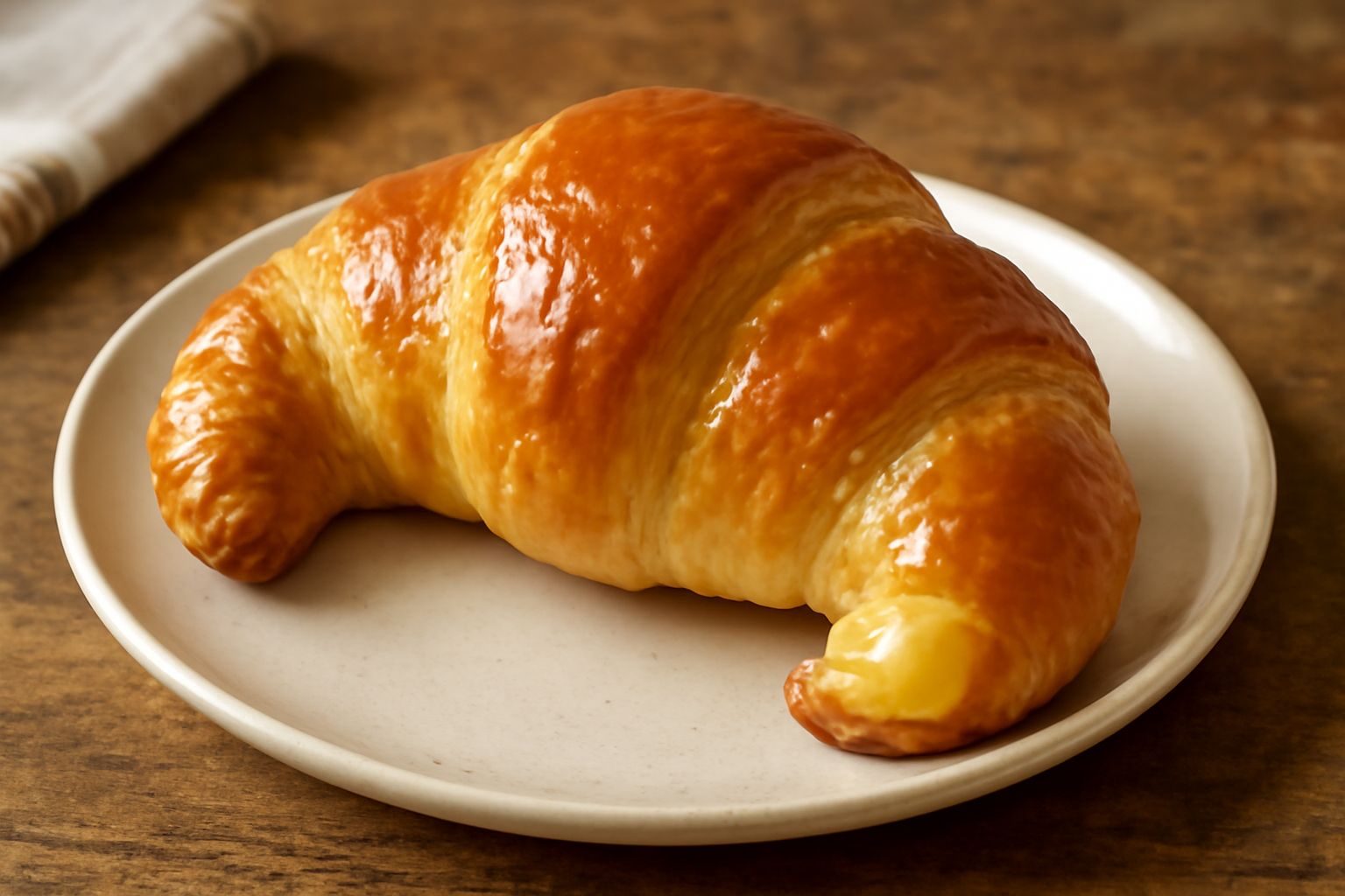Tre cornetti appena sfornati color oro dorato, ricoperti di glassa lucida, con paste sfoglie in strati visibili lungo i bordi. Serviti su piatto bianco con qualche goccia di glassa.