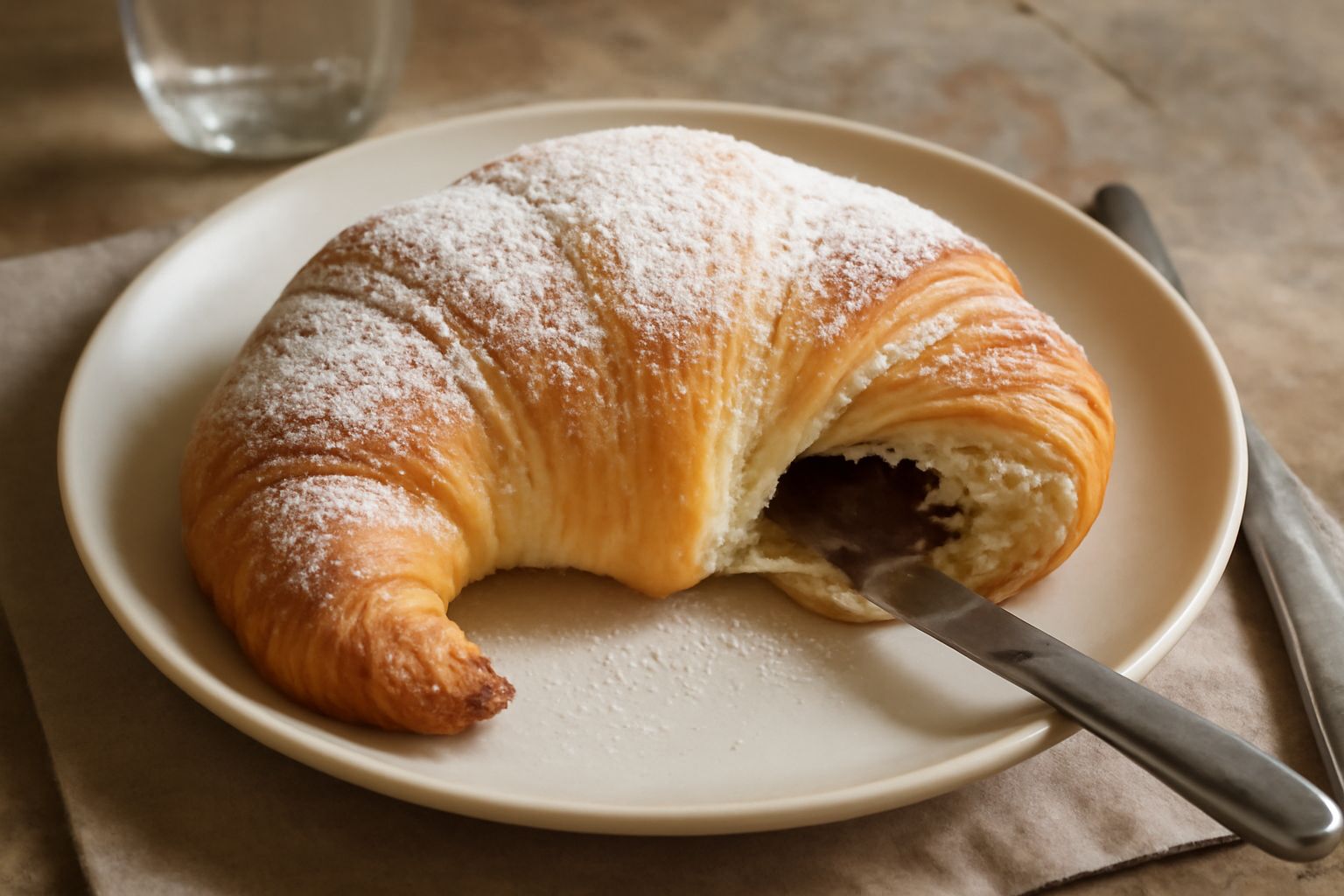 Cornetto piemontese dorato con sfoglia croccante, polvere di zucchero, spaccato che mostra la crema gialla e i canditi rossi e verdi, su un piatto bianco con caffe