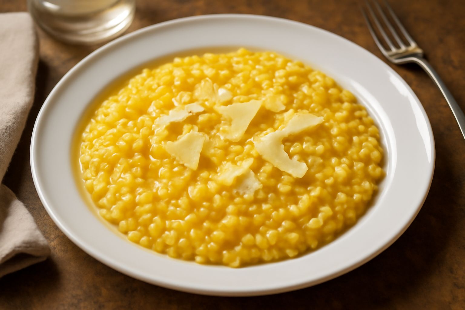Risotto cremoso di colore giallo oro in un piatto bianco fondo, condito con parmigiano grattugiato bianco, una foglia di salvia fresca verde scuro e un goccio di olio d'oliva in superficie lucida