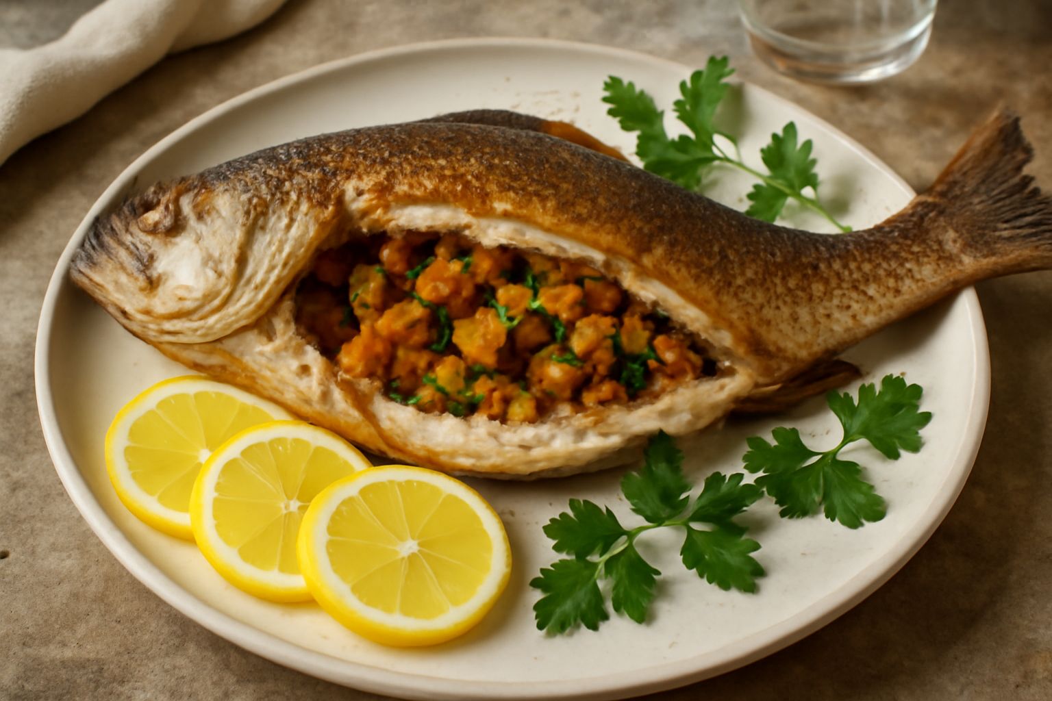 Corvina intera ripiena, dorata e cotta al forno, servita in un piatto bianco con contorno di limone fresco, prezzemolo verde e fettine di limone accanto