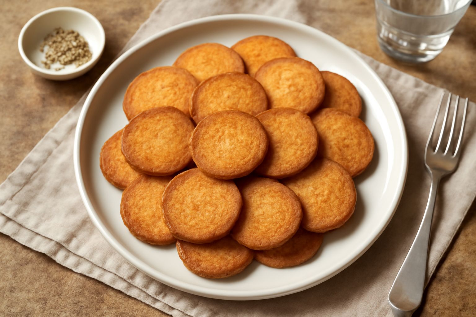 Corzetti brindisini dorati e croccanti disposti su un piatto bianco, dal colore nocciola uniforme, con bordi leggermente più scuri