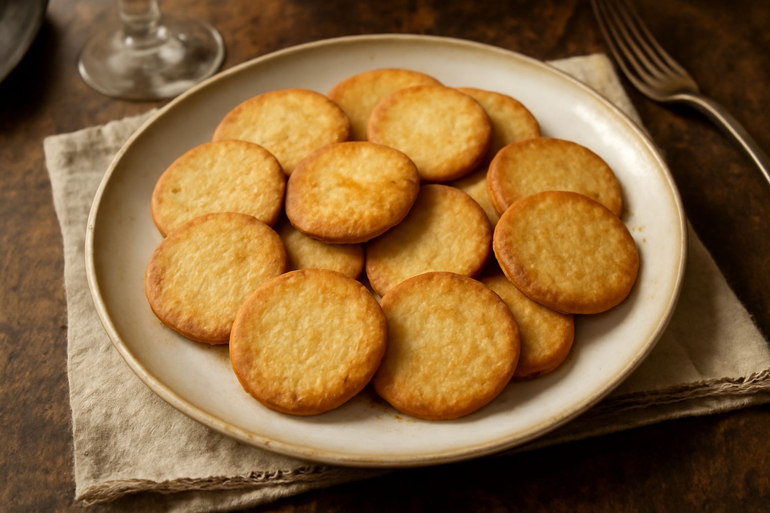 Corzetti di Cherasco disposti in fila su un piatto bianco, tondi e piatti, con superficie dorata e leggermente irregolare, guarniti con una granella di zucchero, su sfondo di lino naturale