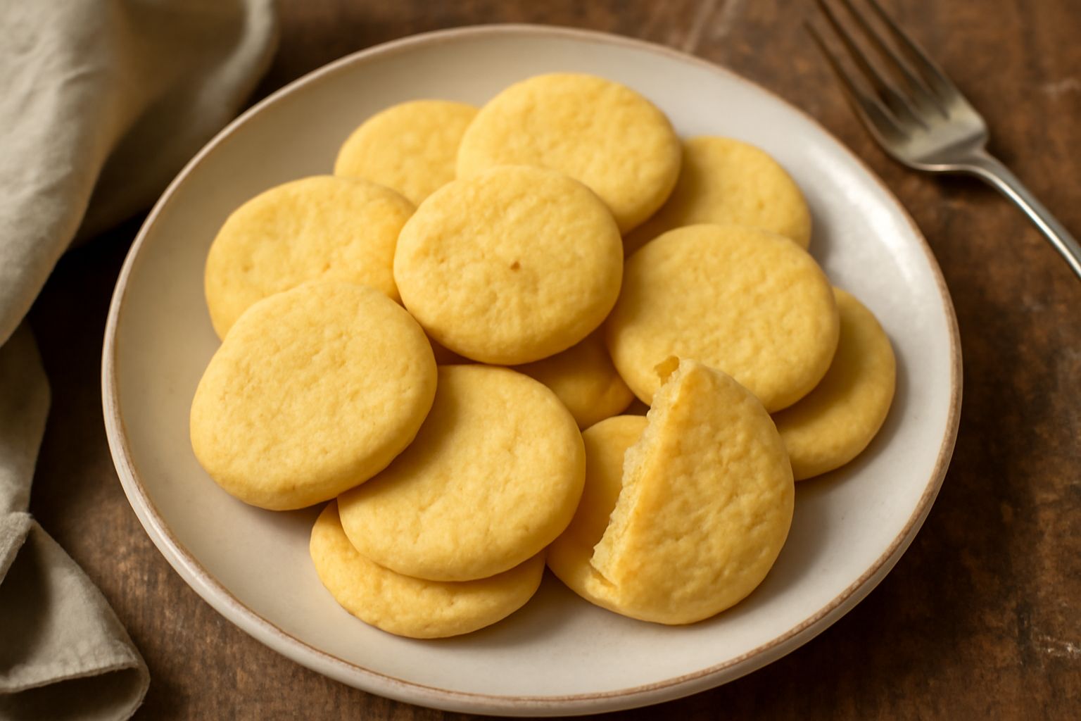 Corzetti di Cuneo disposti su un piatto di ceramica bianca, biscotti tondi e dorati con profilo leggermente irregolare, superficie friabile visibile, alcuni interi altri spezzati per mostrare la fratt