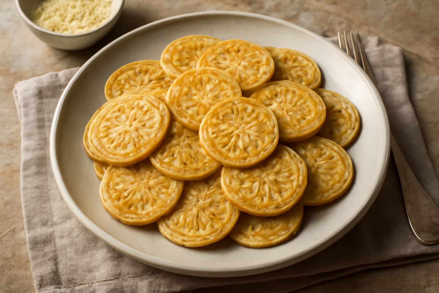 Corzetti rotondi dorati disposti su un piatto bianco, con superficie leggermente pressata e decorata, accanto a una tazza di caffè e una bottiglia di vino bianco