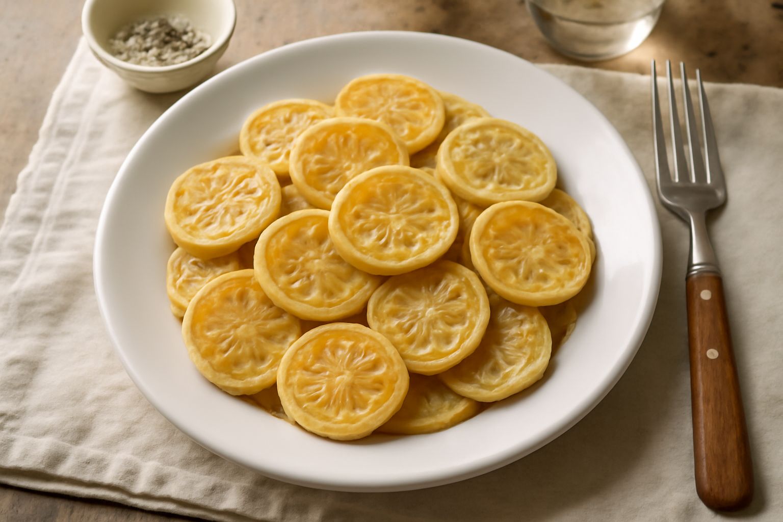 Corzetti dorati e rotondi disposti su un piatto bianco, visibili le decorazioni incise sulla superficie, con un bicchiere di latte sfocato sullo sfondo