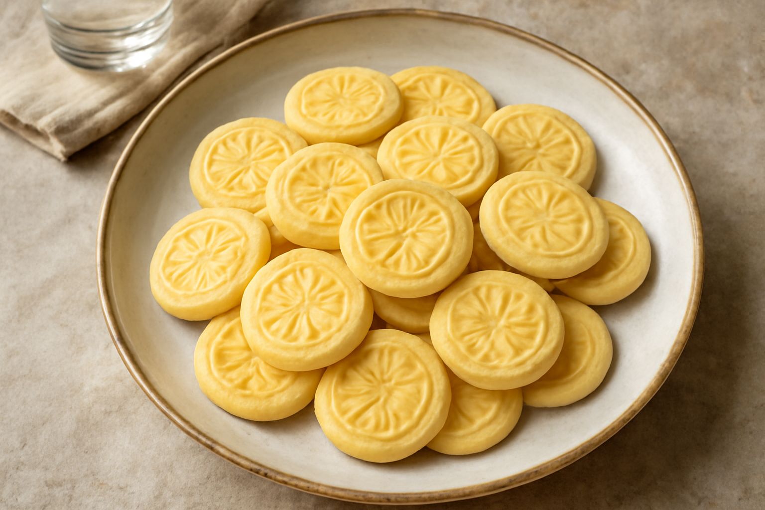 Corzetti di Perugia disposti su piatto bianco, rotondi e leggermente bombati, con superficie decorata da motivo geometrico inciso, colore dorato pallido, profilo netto e croccante