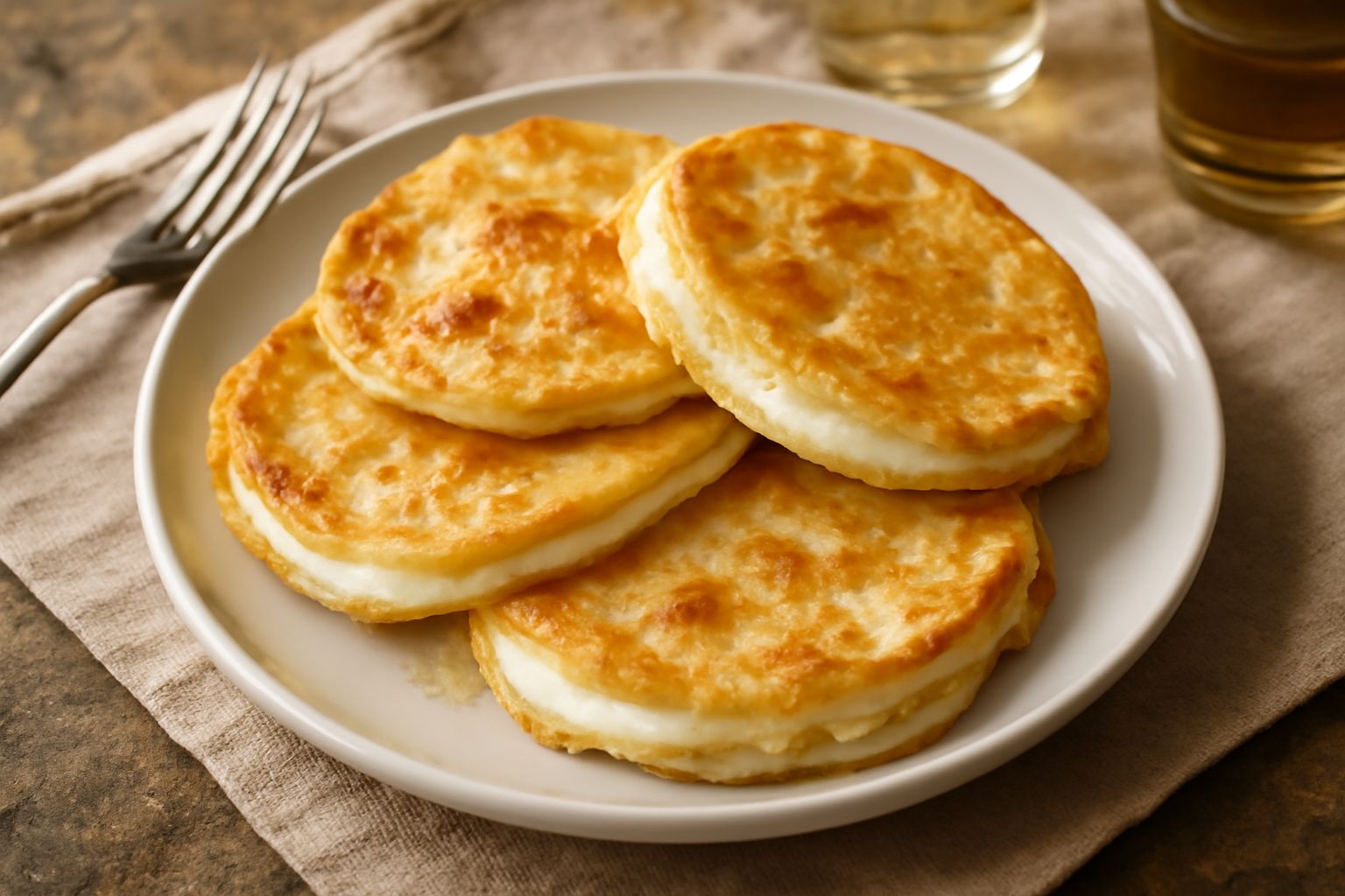 Corzetti di Recco dorato e croccante, ancora fumante, tagliato a rettangoli irregolari su un piatto bianco, con formaggio filante visibile tra le sfoglie