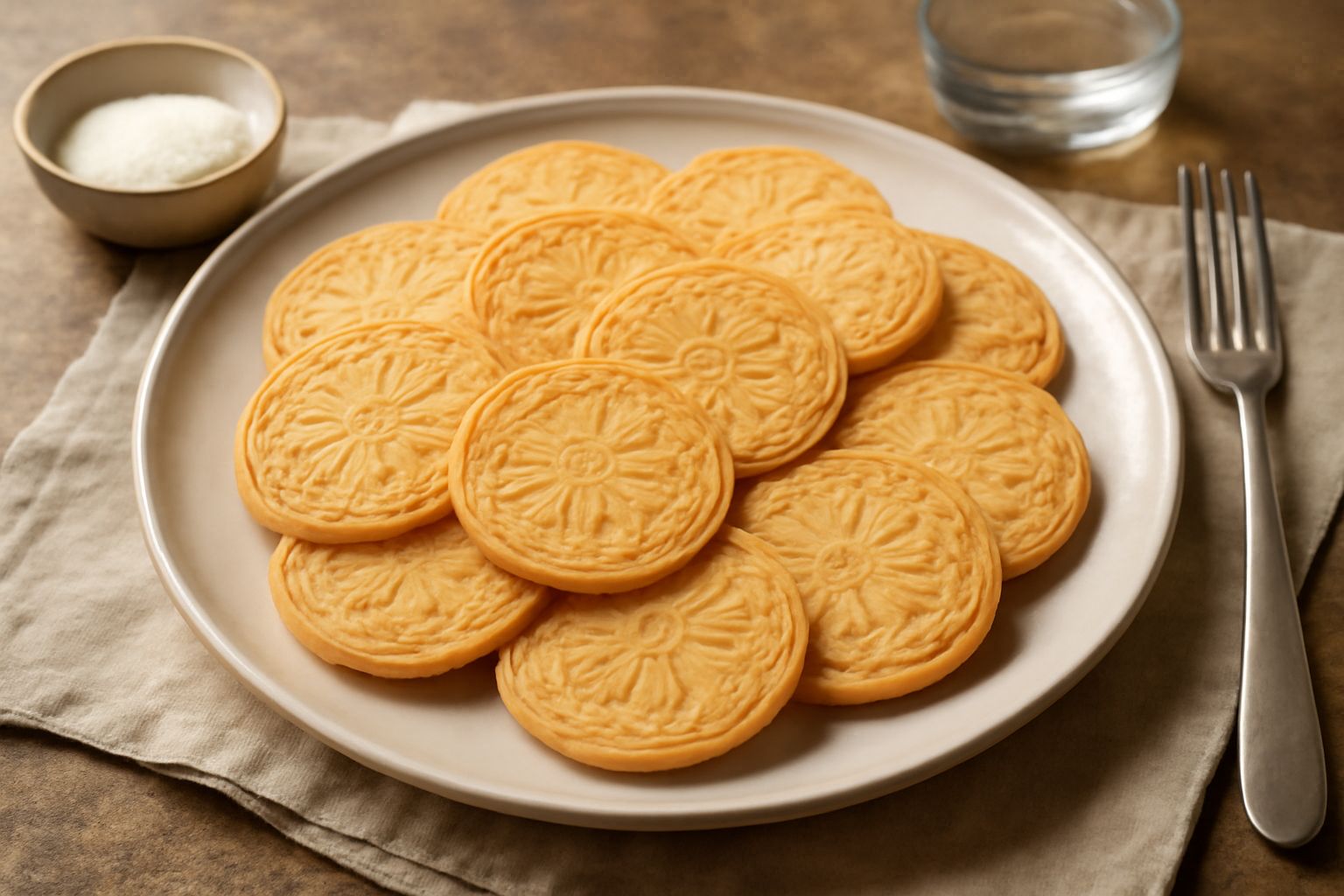 Corzetti dolci dorati e croccanti disposti su un piatto bianco con motivi decorativi in rilievo sulla superficie, sfondo sfocato color panna